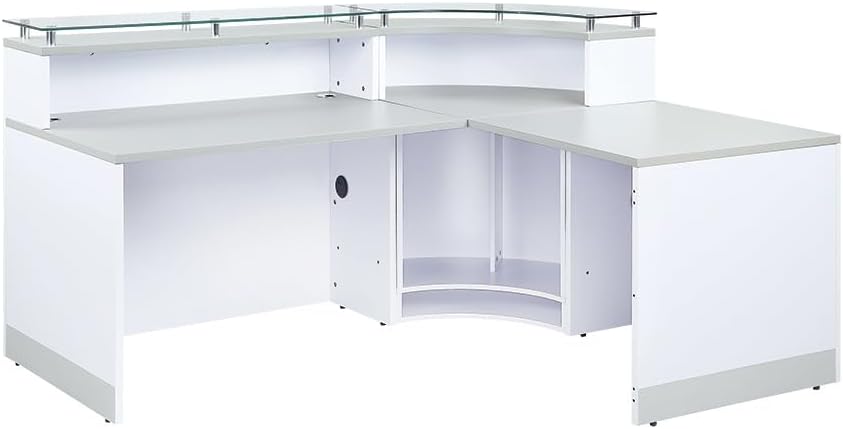 NBF L Shaped Modern Reception Desk with Counter - 79" W x 63" D Retail Checkout Counter - Curved Front Desk Reception Counter - Countertop Welcome Desk for Office Lobby Salon Store (Driftwood)