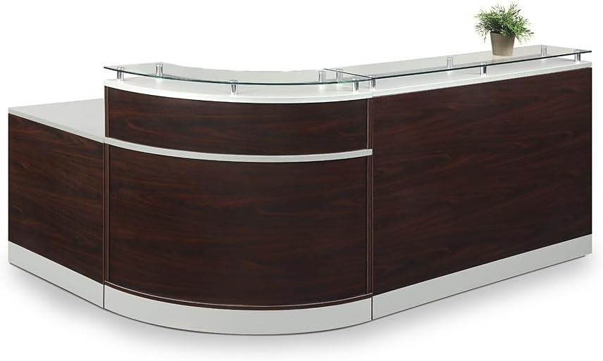 NBF L Shaped Modern Reception Desk with Counter - 79" W x 63" D Retail Checkout Counter - Curved Front Desk Reception Counter - Countertop Welcome Desk for Office Lobby Salon Store (Driftwood)