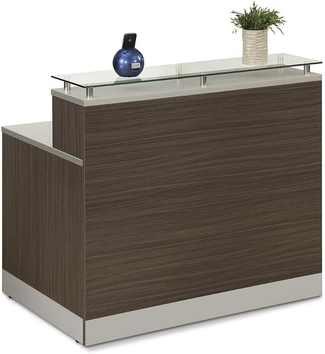 NBF Small Modern Reception Desk with Counter - 48" W x 32" D Retail Checkout Counter - Front Desk Reception Counter with 2 Grommet Holes - Countertop Lobby Desk for Office Salon Store, Walnut
