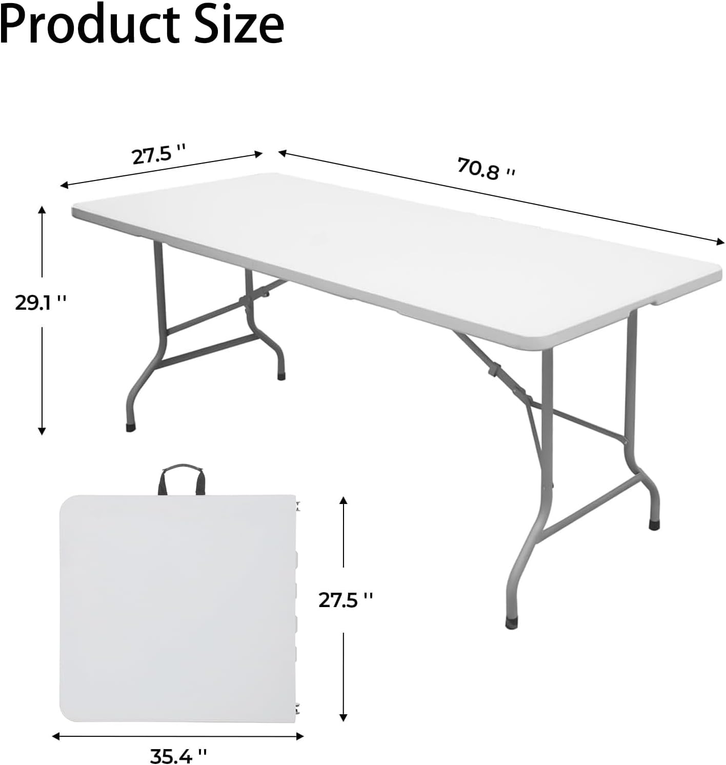 Folding Table 6ft Plastic Table Indoor & Outdoor for Picnic, Camping,BBQ and Party, with Powder Coated Steel Legs and Built in Carry Handle, White