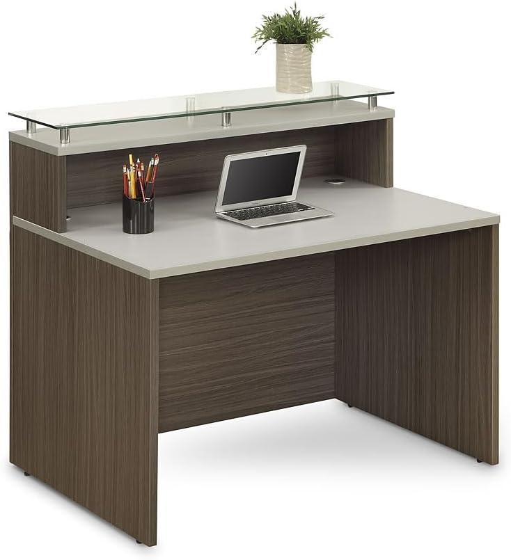 NBF Small Modern Reception Desk with Counter - 48" W x 32" D Retail Checkout Counter - Front Desk Reception Counter with 2 Grommet Holes - Countertop Lobby Desk for Office Salon Store, Walnut