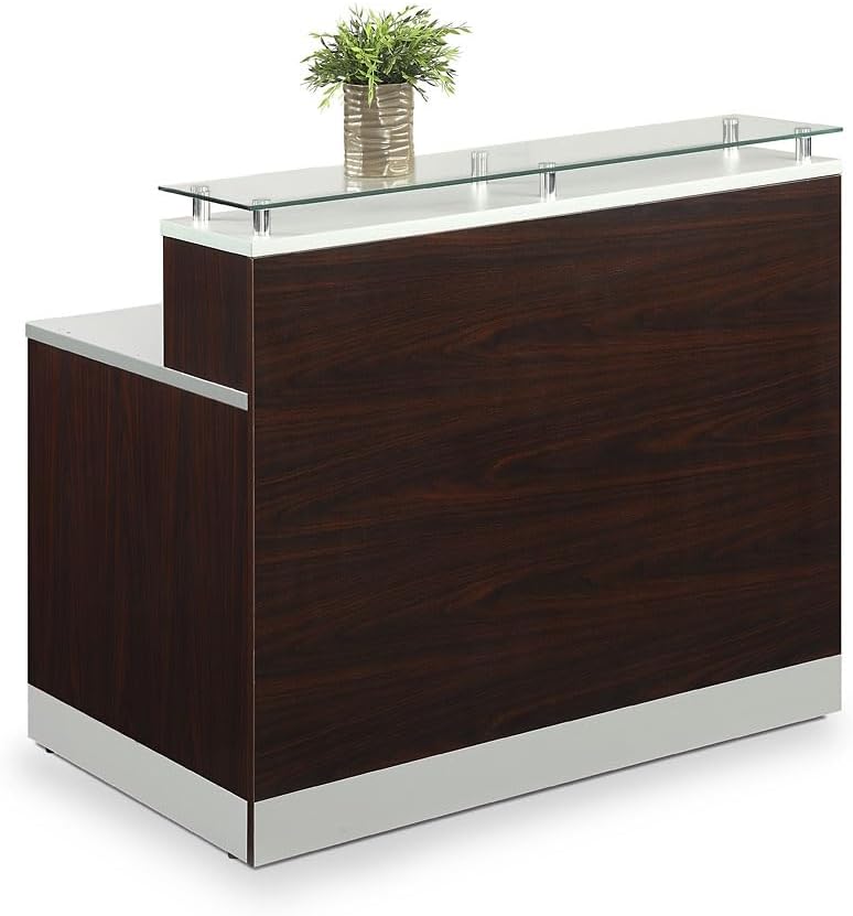 NBF Small Modern Reception Desk with Counter - 48" W x 32" D Retail Checkout Counter - Front Desk Reception Counter with 2 Grommet Holes - Countertop Lobby Desk for Office Salon Store, Walnut