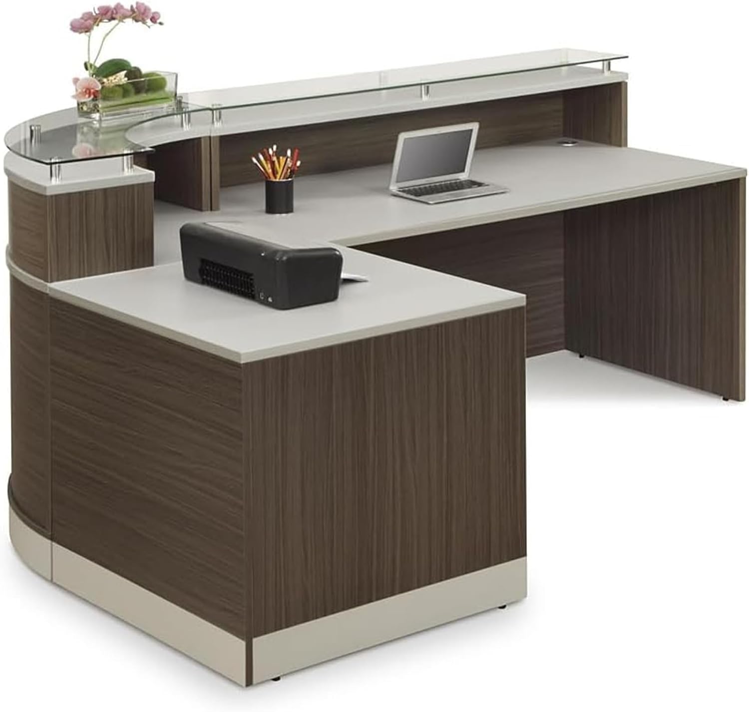 NBF L Shaped Modern Reception Desk with Counter - 79" W x 63" D Retail Checkout Counter - Curved Front Desk Reception Counter - Countertop Welcome Desk for Office Lobby Salon Store (Driftwood)