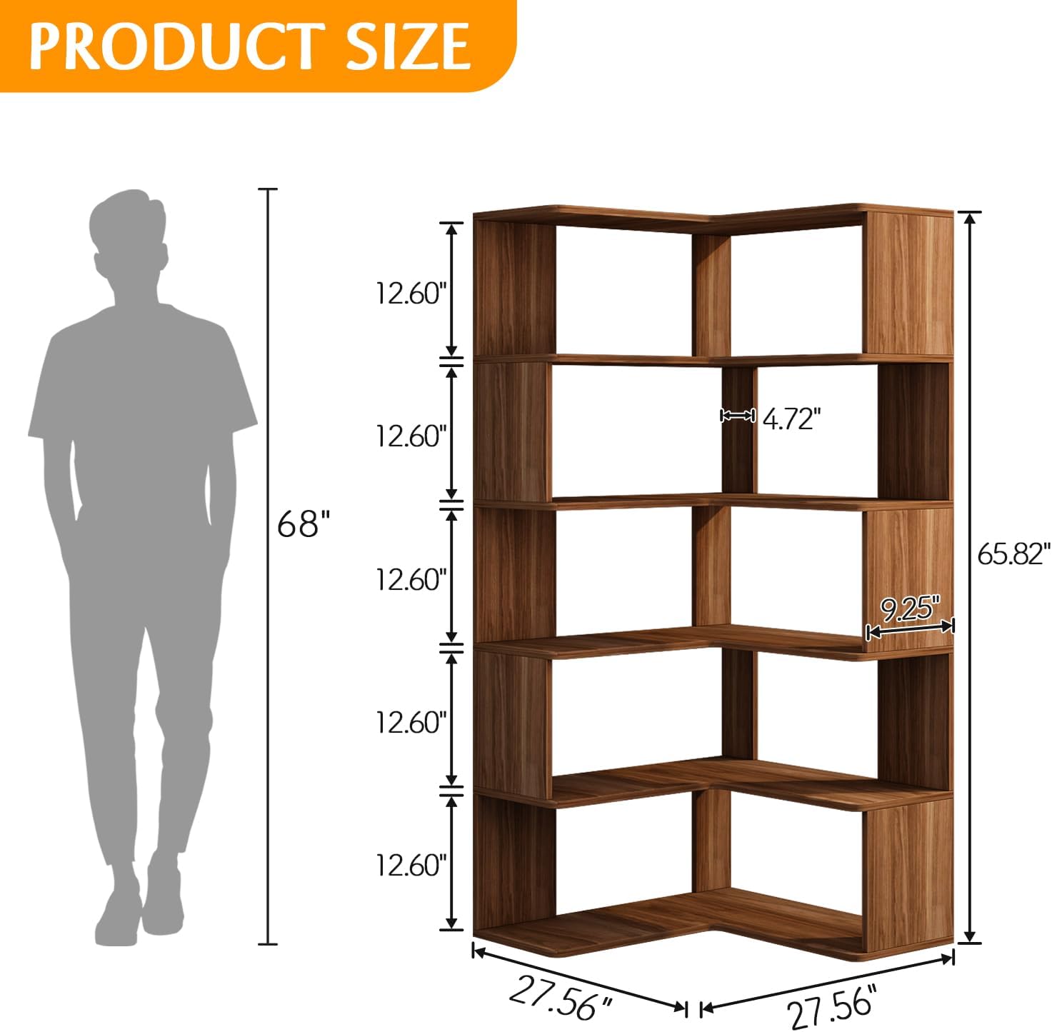 IOTXY 6-Tier L-Shaped Corner Bookshelf - 66" Tall Wooden Freestanding Bookcase with Open Shelf Units, Walnut