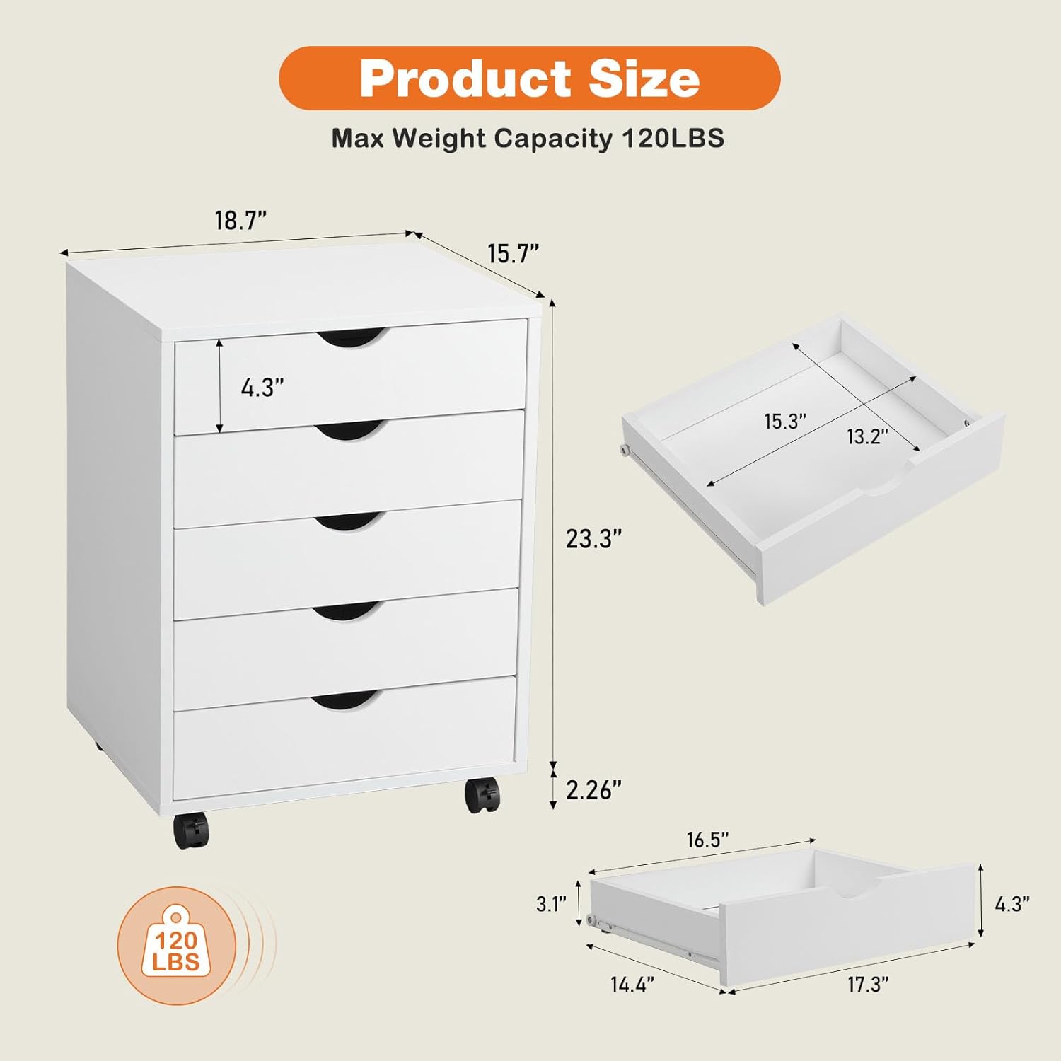 5 Drawer Mobile File Cabinet Under Desk Storage Organization with Wheels Vertical Filing Chest Rolling Wood Small Desk Printer Stand for Home Office, White
