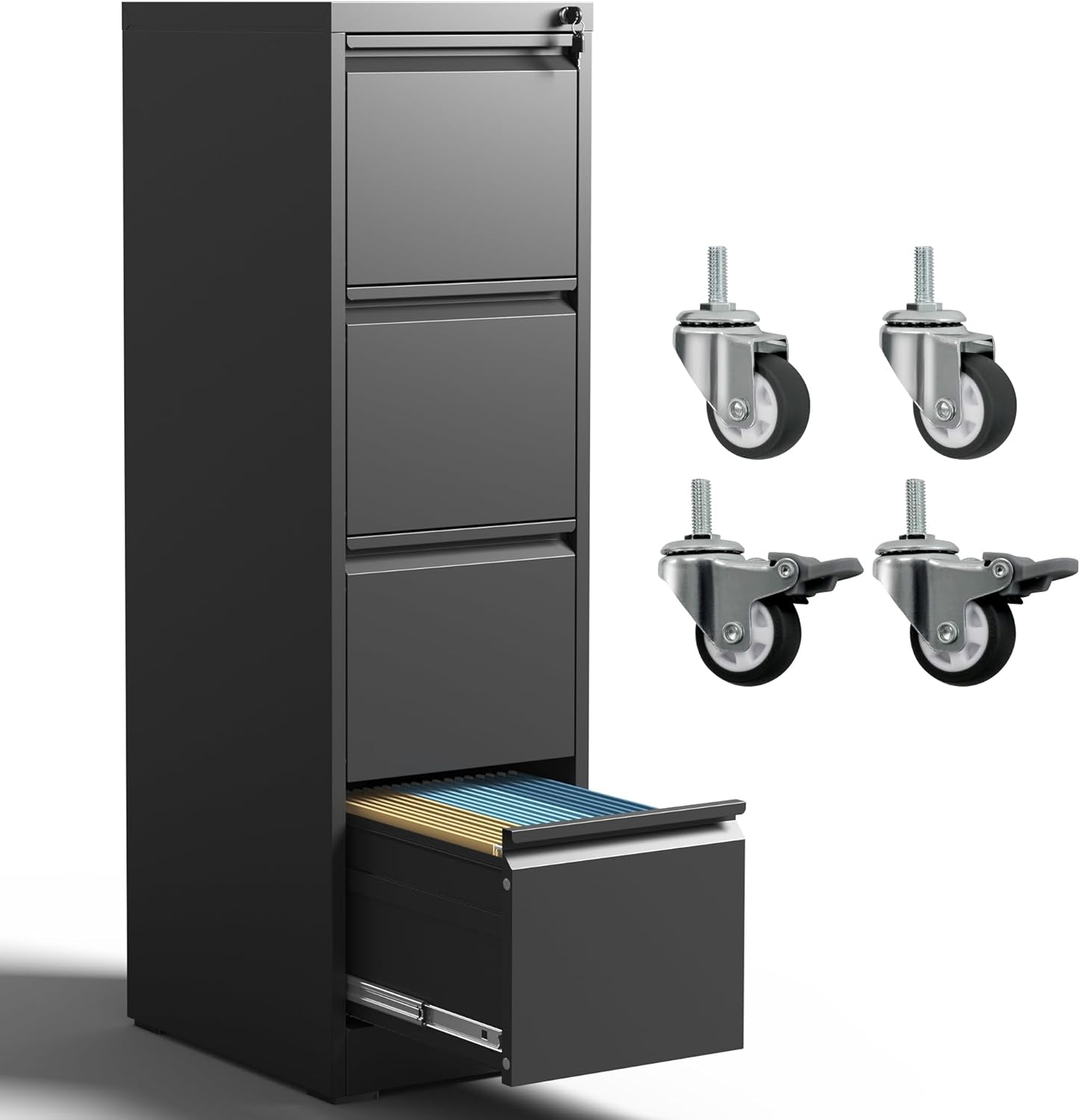 5 Drawer File Cabinet with Wheels,Metal Mobile Filing Cabinets with Lock,Black Rolling File Cabinet for Home Office,Heavy Duty Storage Cabinet for A4/Letter/Legal Size File,Assembly Required