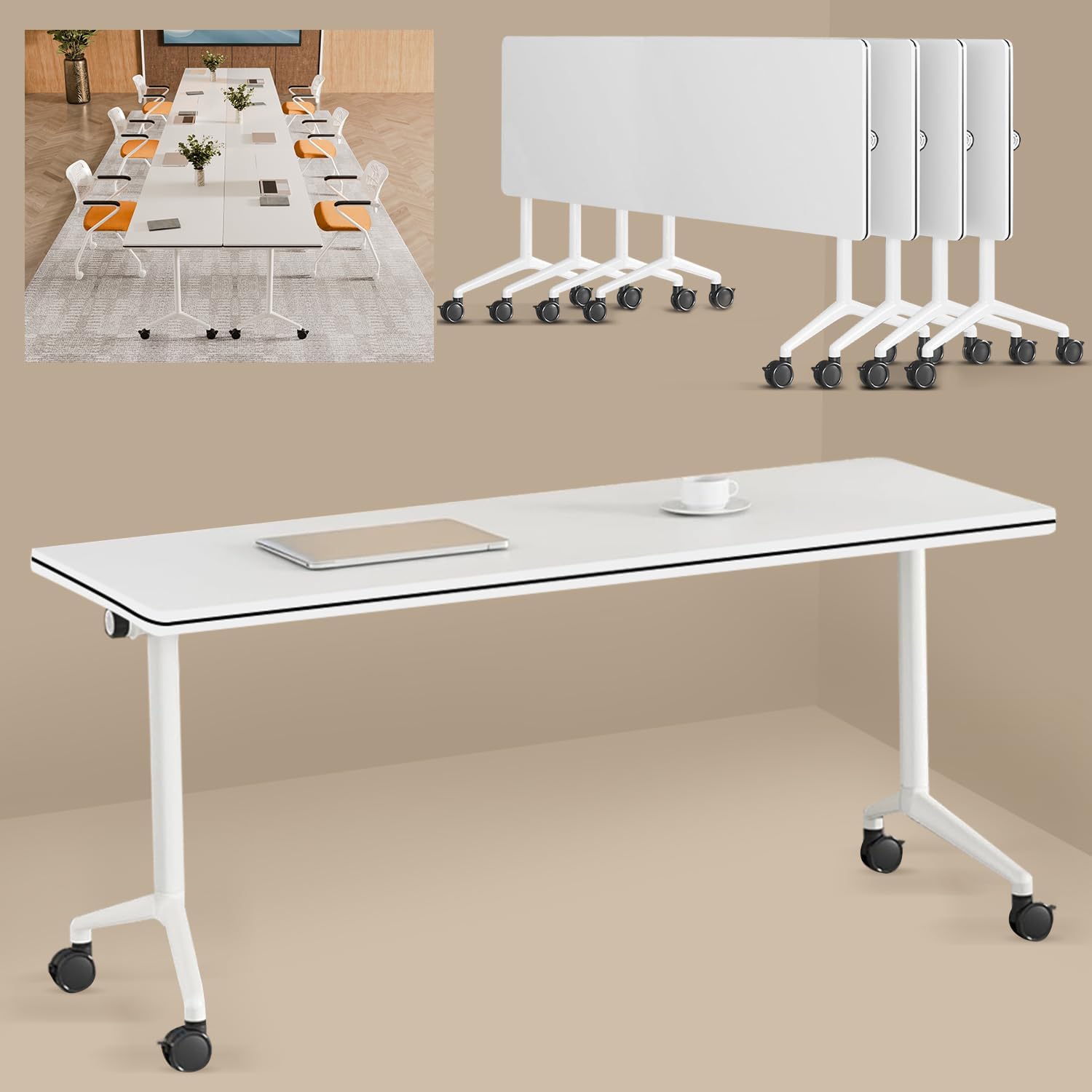 Black Folding Conference Tables with Silent Wheels, 4 Pack Commercial Office Meeting & Training Seminar Tables, Mobile Modular Conference Room Table with Strong Metal Frame for Company, School