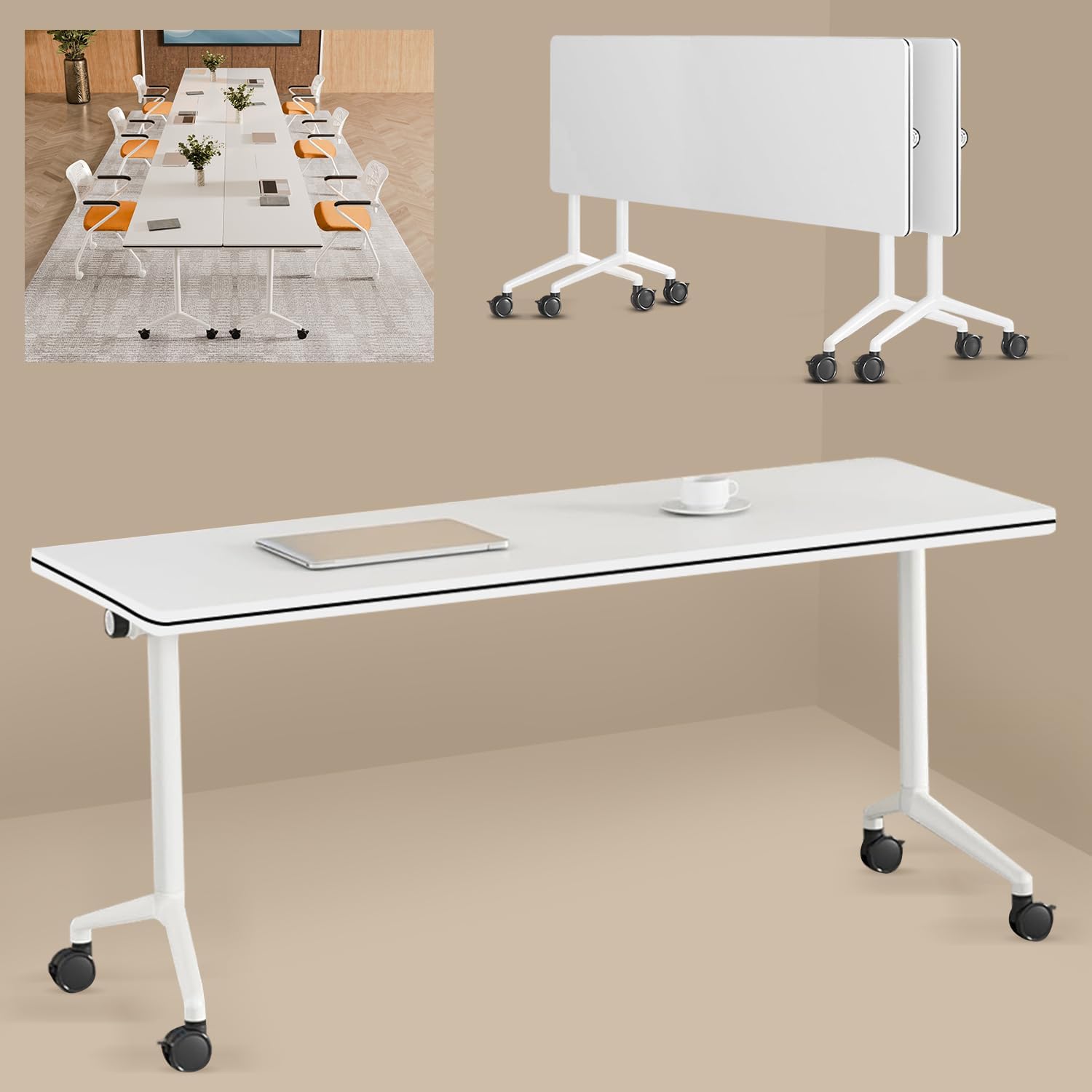 Black Folding Conference Tables with Silent Wheels, 4 Pack Commercial Office Meeting & Training Seminar Tables, Mobile Modular Conference Room Table with Strong Metal Frame for Company, School