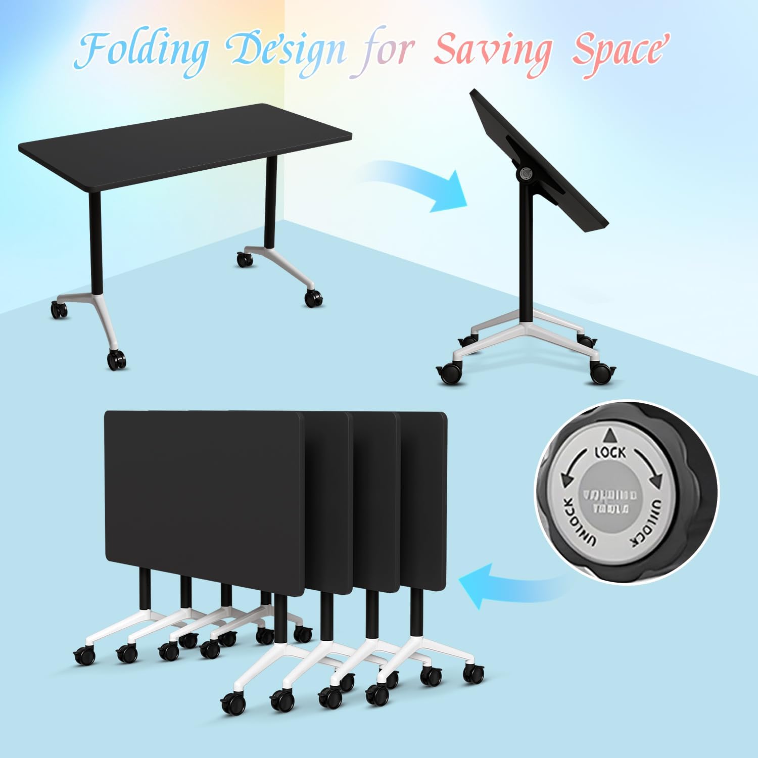 Black Folding Conference Tables with Silent Wheels, 4 Pack Commercial Office Meeting & Training Seminar Tables, Mobile Modular Conference Room Table with Strong Metal Frame for Company, School