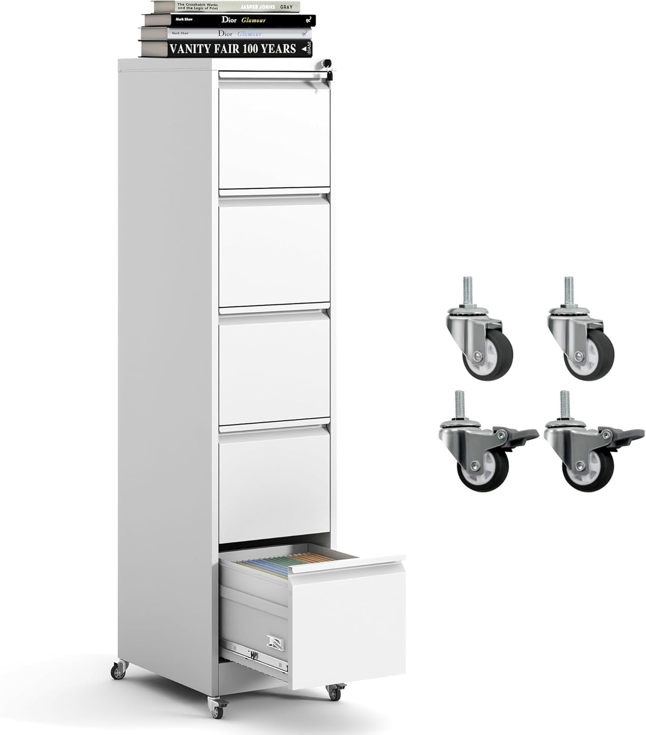 5 Drawer Mobile File Cabinet, Metal Filing Cabinet with Lock and Wheels, Home Office Rolling File Cabinets for Legal/Letter Hanging File Folders, Un-Assembled (Black)