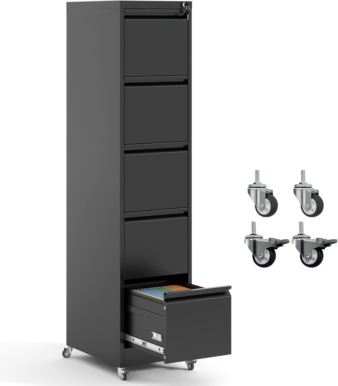 5 Drawer File Cabinet with Wheels,Metal Mobile Filing Cabinets with Lock,Black Rolling File Cabinet for Home Office,Heavy Duty Storage Cabinet for A4/Letter/Legal Size File,Assembly Required