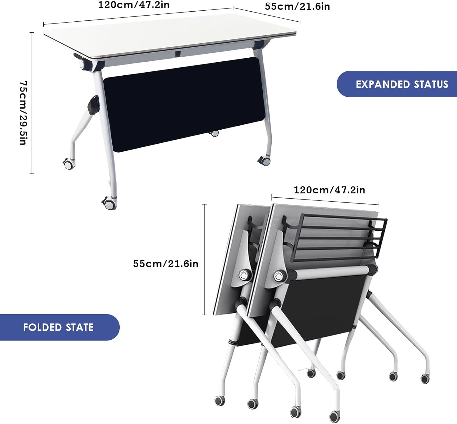 47.2" Conference Room Table,Office Conference Table with Locking Wheels, Folding Flip-Top Mobile Table for Training Rooms,White