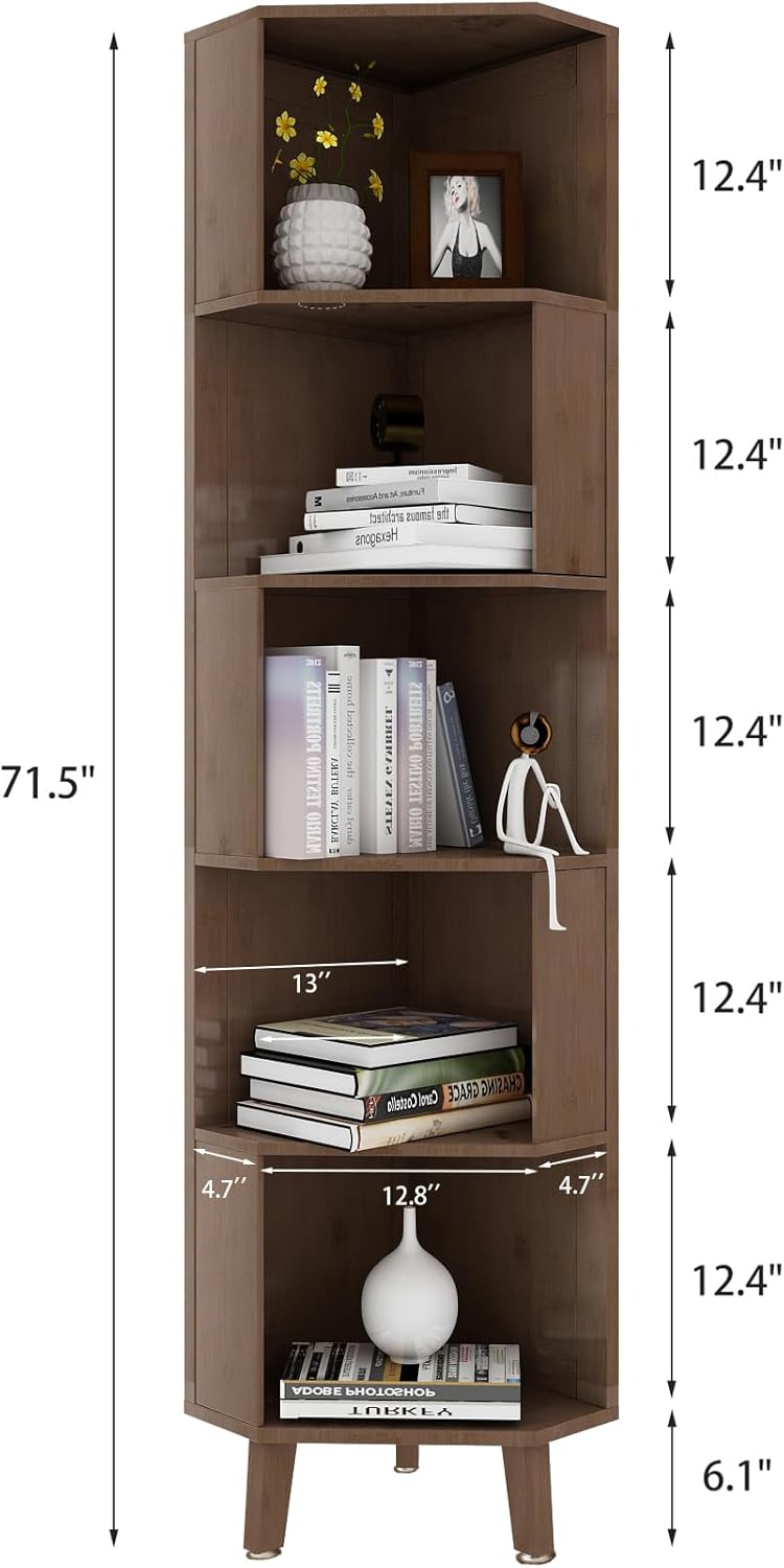 5-Tier Corner Bookshelf Bamboo Bookcase 71.5″ Corner Storage Shelves for Living Room,Bedroom,Kitchen, Study,Home Office
