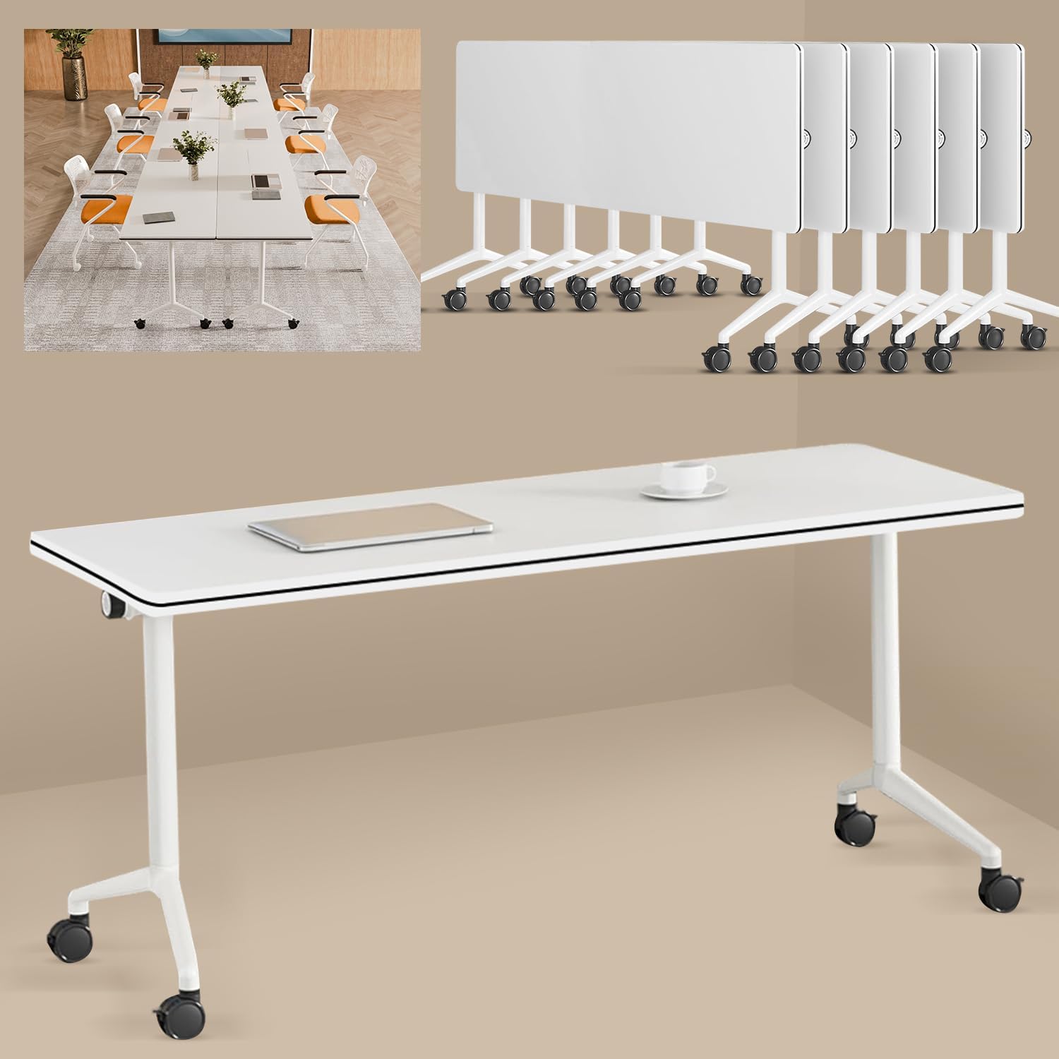 Black Folding Conference Tables with Silent Wheels, 4 Pack Commercial Office Meeting & Training Seminar Tables, Mobile Modular Conference Room Table with Strong Metal Frame for Company, School