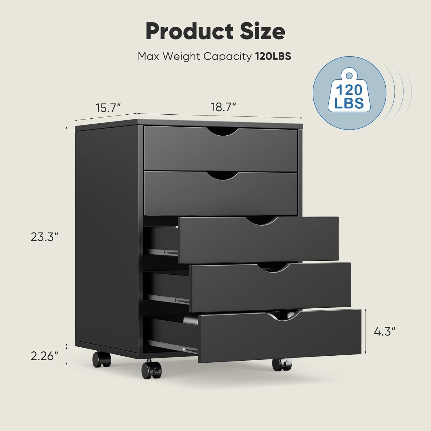 OLIXIS 5 Drawer Mobile File Cabinet Under Desk Storage Organization with Wheels Vertical Filing Chest Rolling Wood Small Desk Printer Stand for Home Office, 15.75"D x 18.74"W x 25.39"H, Black