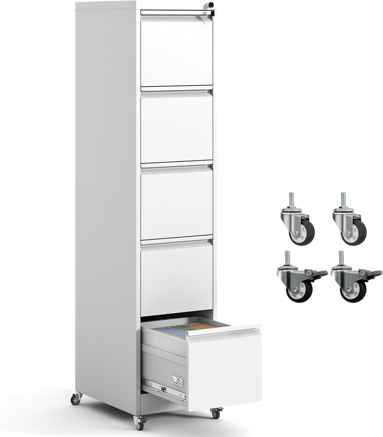 5 Drawer File Cabinet with Wheels,Metal Mobile Filing Cabinets with Lock,Black Rolling File Cabinet for Home Office,Heavy Duty Storage Cabinet for A4/Letter/Legal Size File,Assembly Required