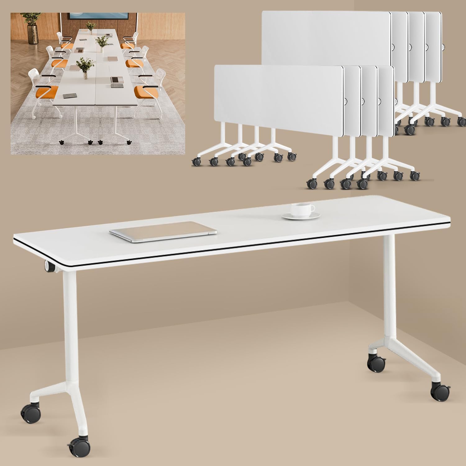 Black Folding Conference Tables with Silent Wheels, 4 Pack Commercial Office Meeting & Training Seminar Tables, Mobile Modular Conference Room Table with Strong Metal Frame for Company, School
