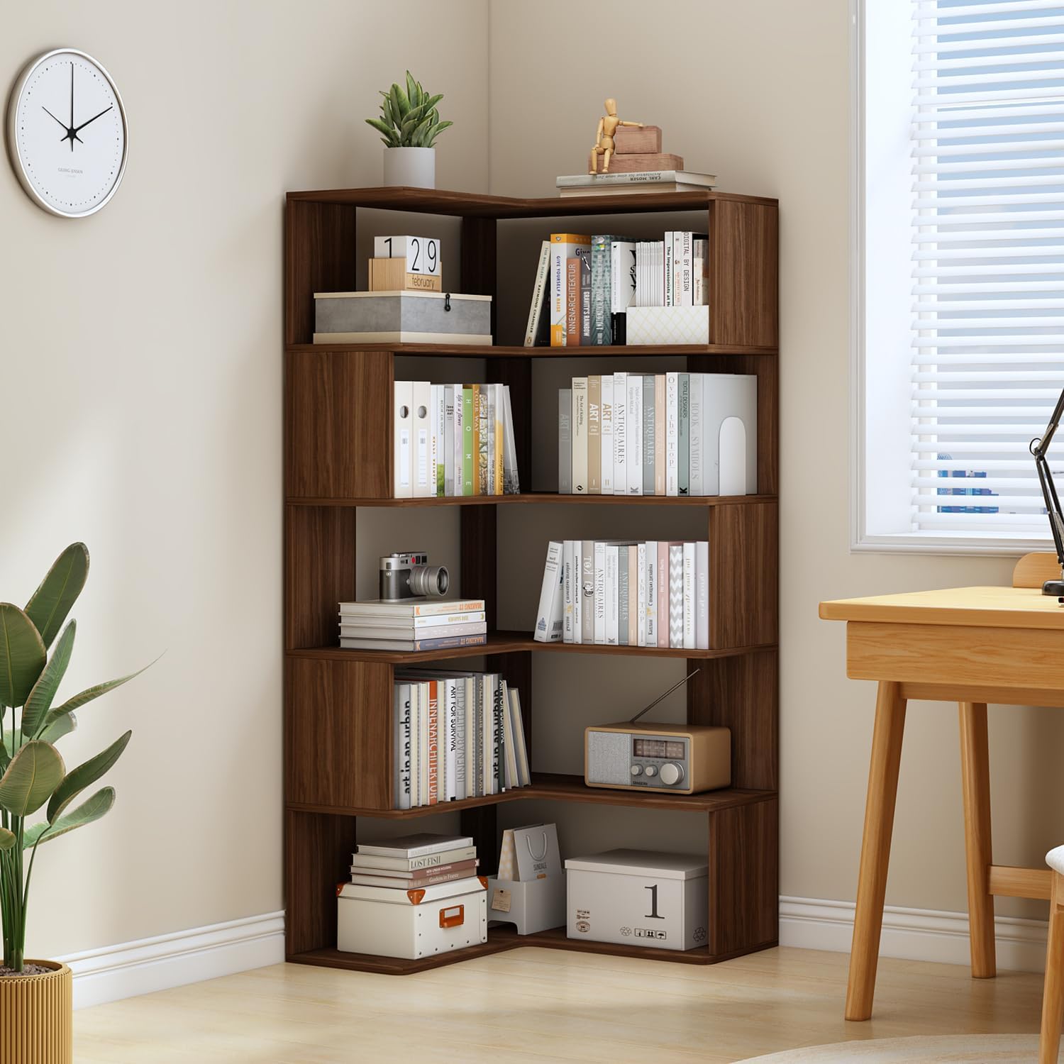 IOTXY 6-Tier L-Shaped Corner Bookshelf - 66" Tall Wooden Freestanding Bookcase with Open Shelf Units, Walnut