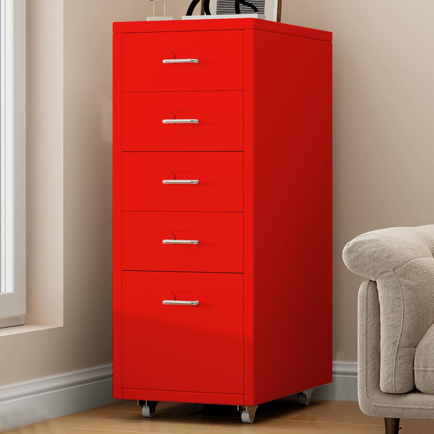 5 Drawer Metal File Cabinet, Under Desk Storage Organization with Wheels, Mobile Room Organization Furniture, Printer Stand for Home Office, Green