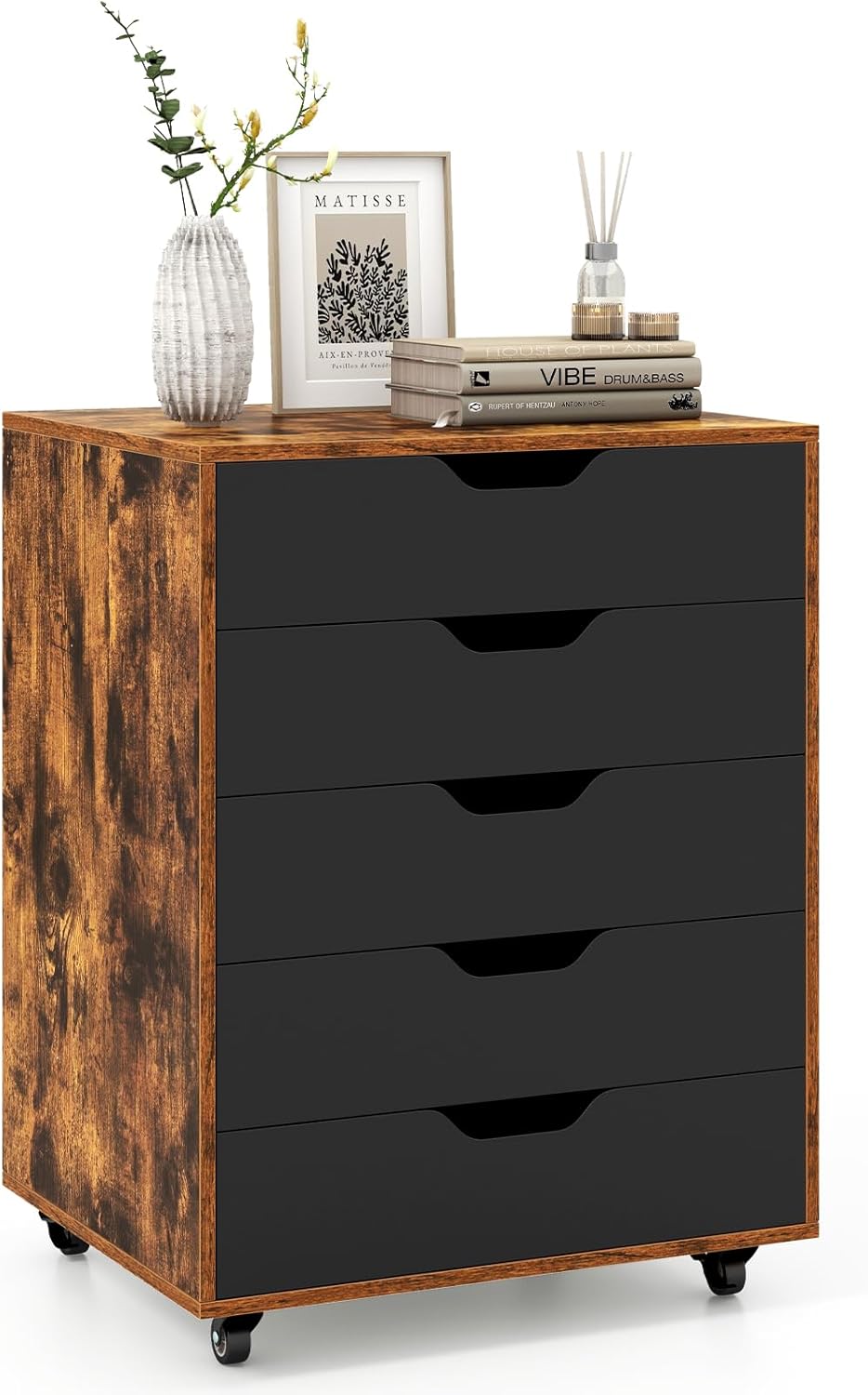 LOKO 5-Drawer Storage Cabinet, Versatile Drawer of Chest with Lockable Wheels, Mobile Office Lateral File Cabinet, for Home Office, Study (Black, 16" D x 19.5" W x 25.5" H)