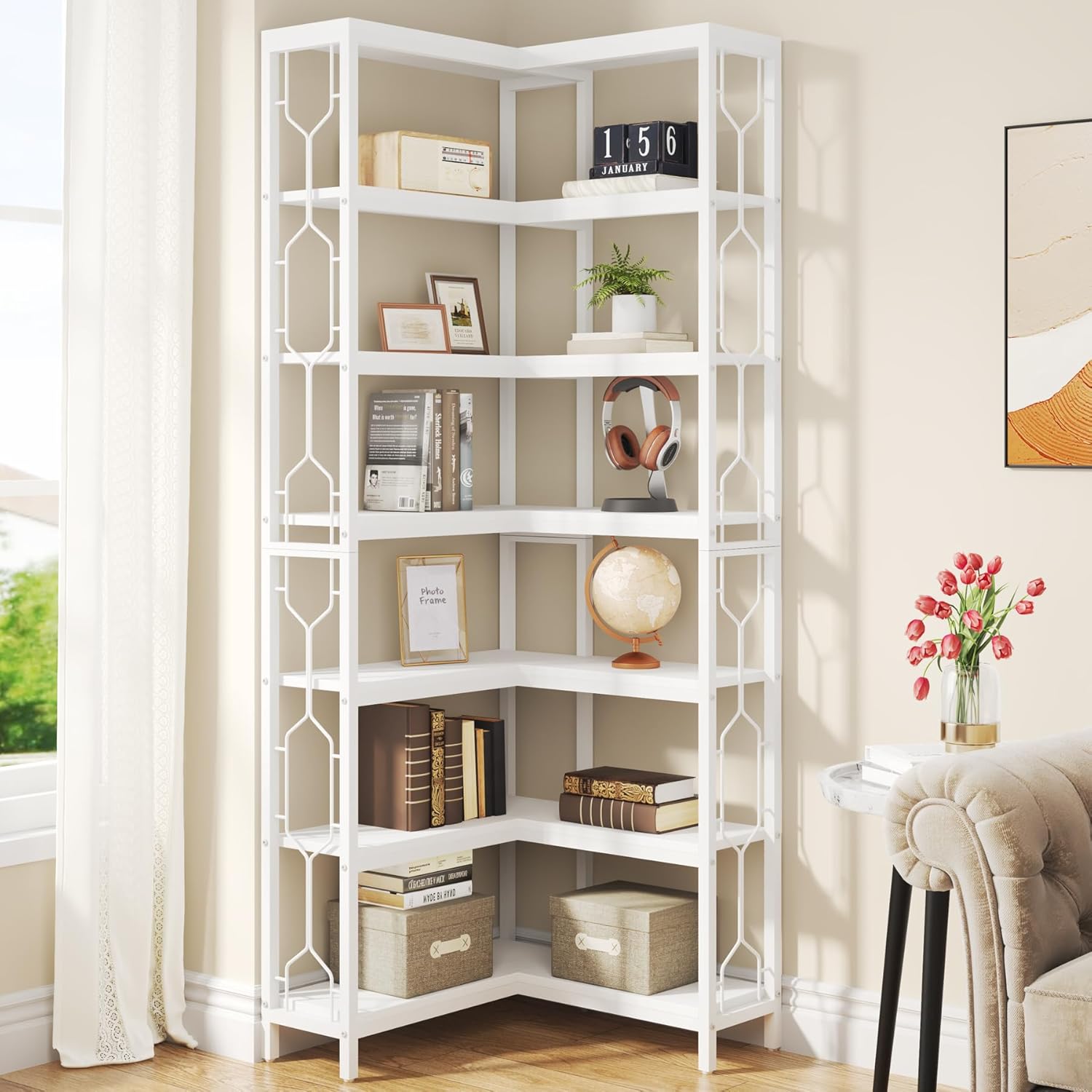 Tribesigns Corner Shelf, 7-Tier Industrial Corner Bookshelf, Wood and Metal Etagere Bookcase, Freestanding Display Shelf for Living Room, Kitchen, Home Office, Rustic Brown