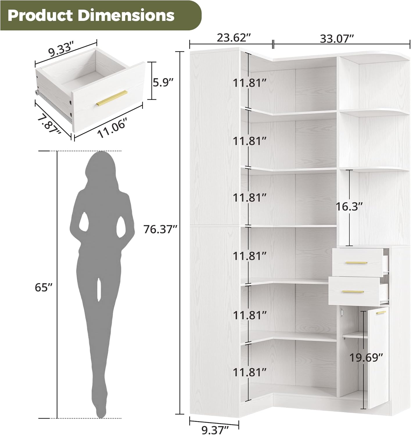IRONCK Corner Bookshelf, 76" Tall Corner Bookshelves, 6 Tiers L-Shaped Bookcase with 10 Open Shelves and 2 Storage Drawers for Living Room or Home Office