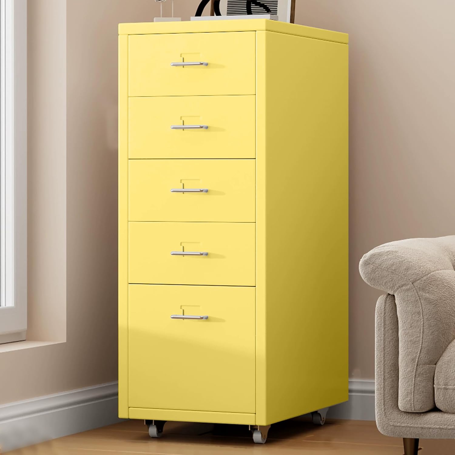 5 Drawer Metal File Cabinet, Under Desk Storage Organization with Wheels, Mobile Room Organization Furniture, Printer Stand for Home Office, Green