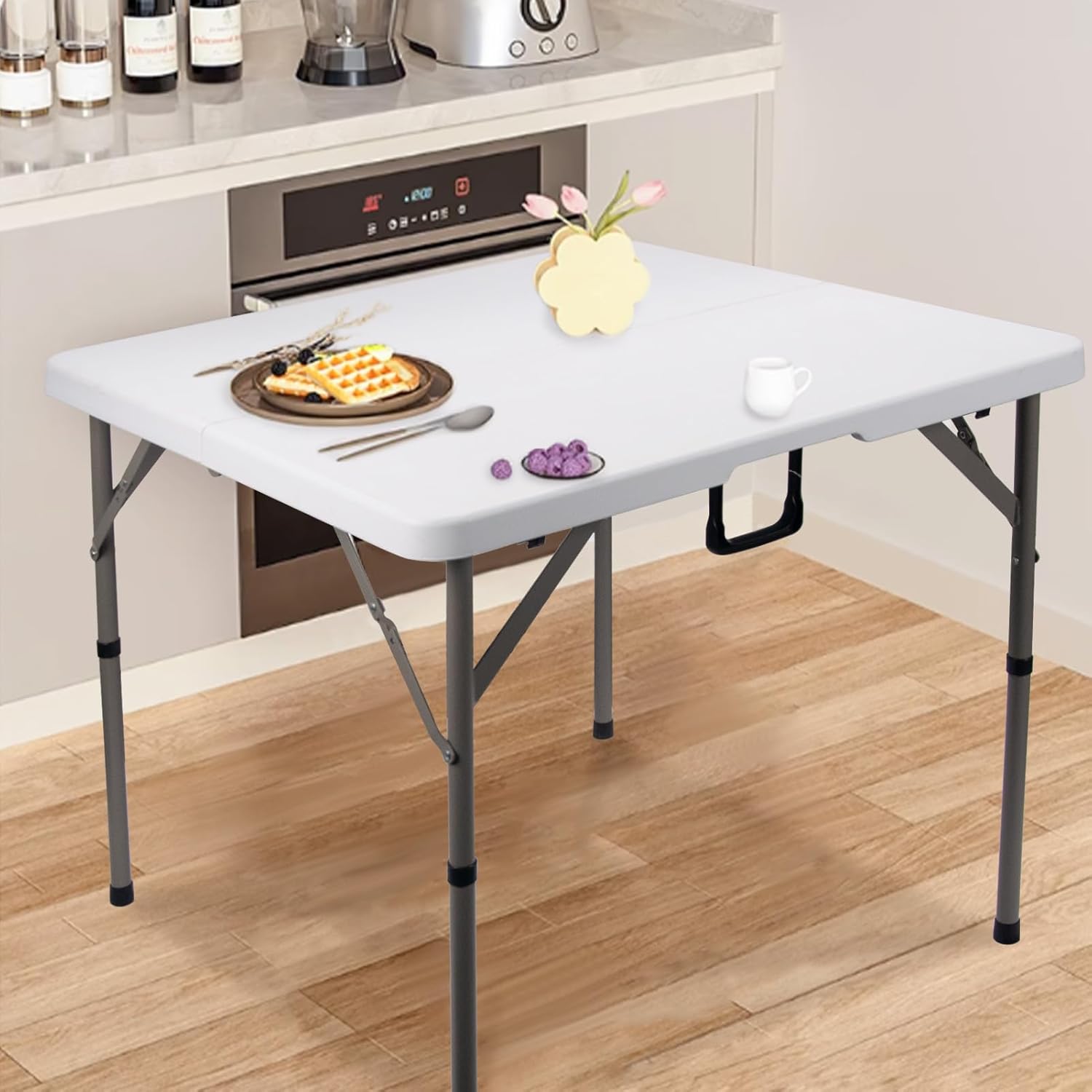 34" Square Folding Card Table, Fold-in-Half Utility Dining Portable Table Heavy Duty HDPE White Plastic Foldable with Carrying Handle Indoor Outdoor for Picnic, Camping, Party