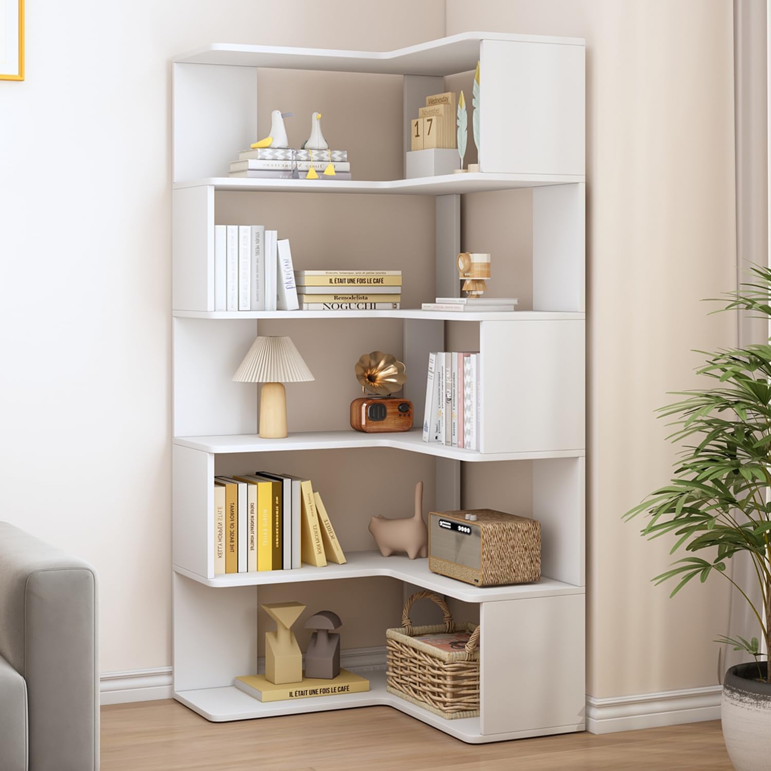 IOTXY 6-Tier L-Shaped Corner Bookshelf - 66" Tall Wooden Freestanding Bookcase with Open Shelf Units, Walnut