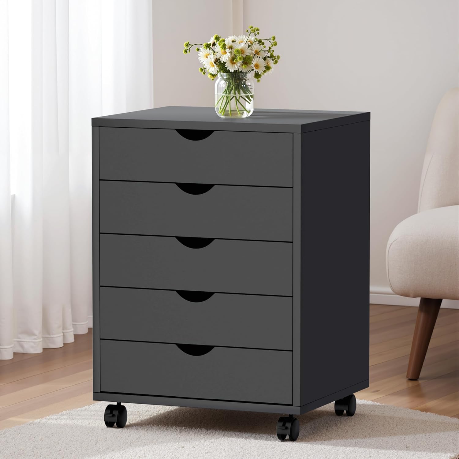 5 Drawer Mobile File Cabinet Under Desk Storage Organization with Wheels Vertical Filing Chest Rolling Wood Small Desk Printer Stand for Home Office, White