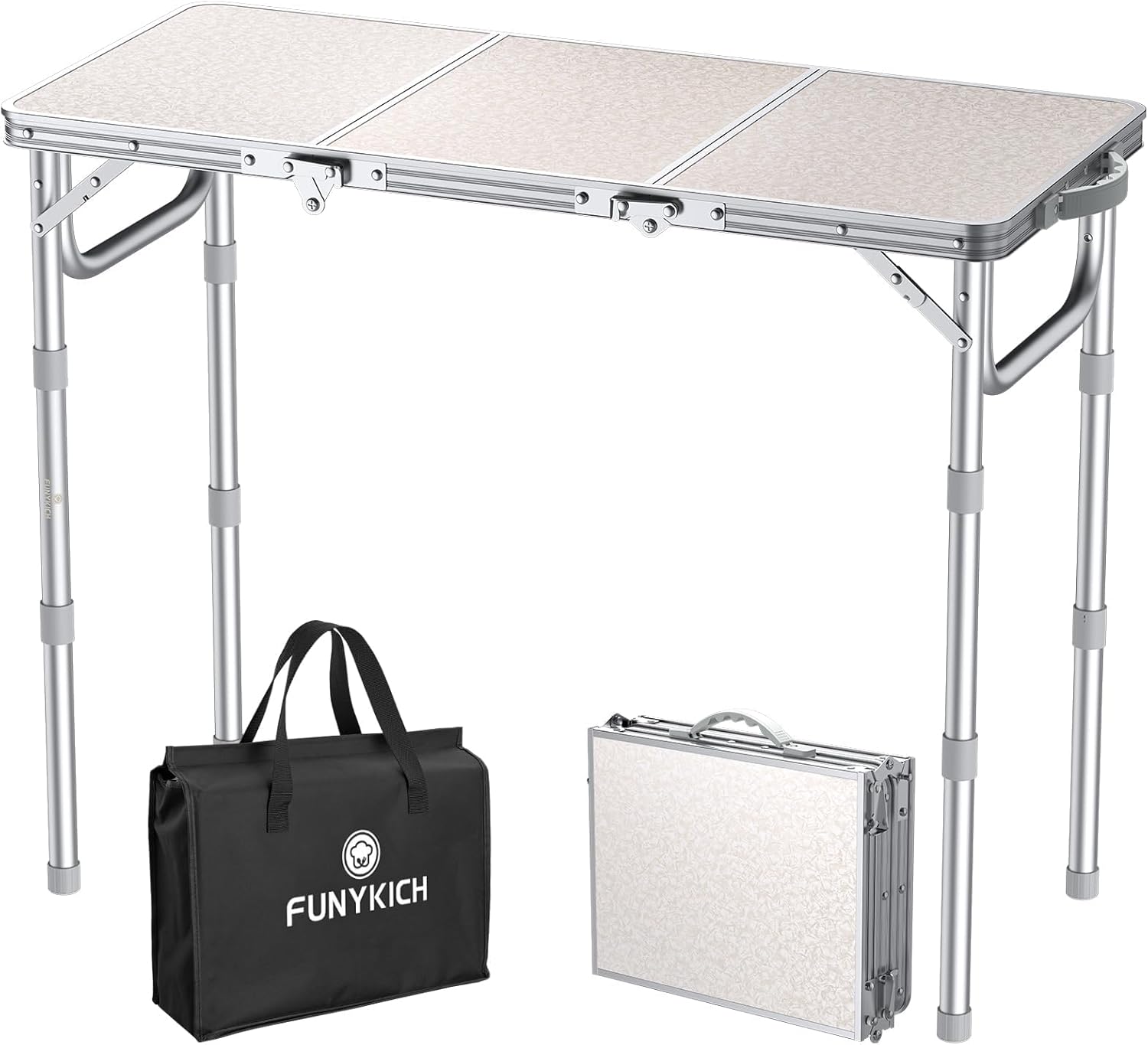 FUNYKICH 2ft Small Folding Camping Table(L22.8'' xW15.7''), 3 Height Adjustable Portable Picnic Table, Lightweight Aluminum Outdoor Tables with Carry Handle for Camping, Picnic, Silver