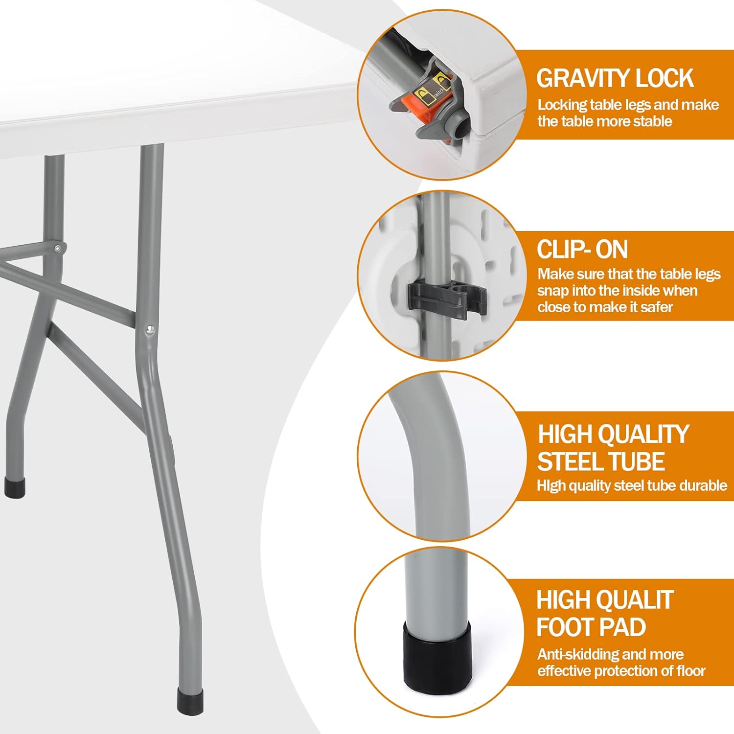 Folding Table 6ft Plastic Table Indoor & Outdoor for Picnic, Camping,BBQ and Party, with Powder Coated Steel Legs and Built in Carry Handle, White
