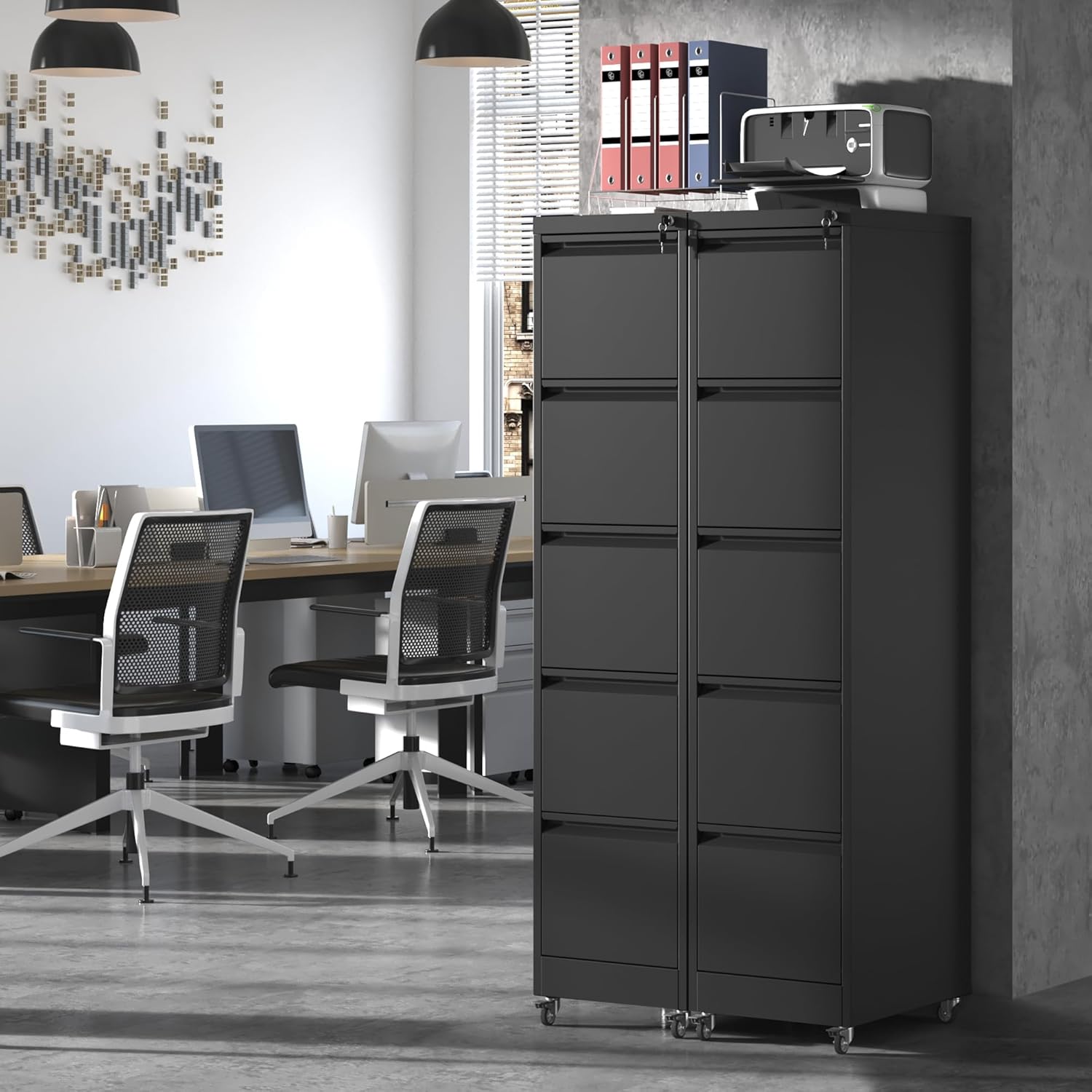 5 Drawer File Cabinet with Wheels,Metal Mobile Filing Cabinets with Lock,Black Rolling File Cabinet for Home Office,Heavy Duty Storage Cabinet for A4/Letter/Legal Size File,Assembly Required