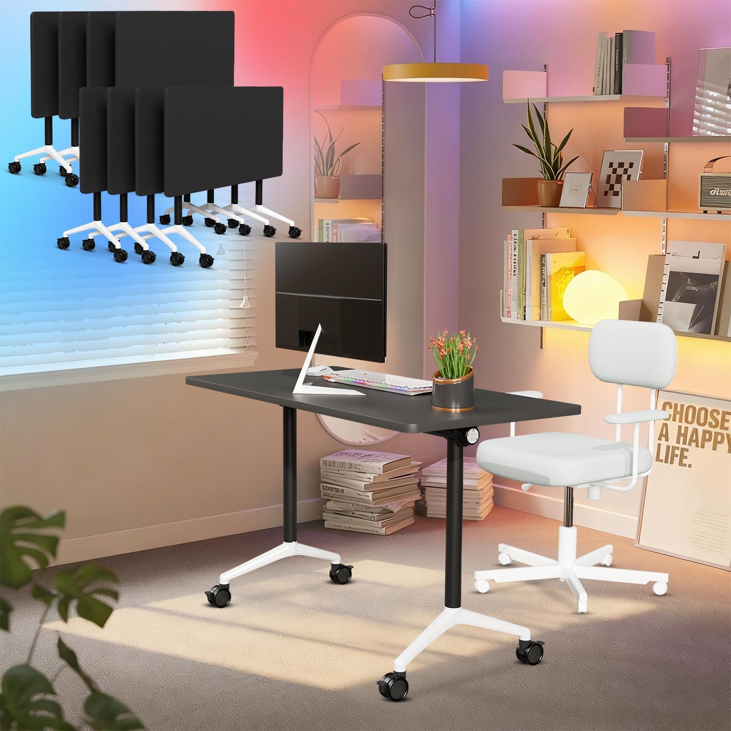Black Folding Conference Tables with Silent Wheels, 4 Pack Commercial Office Meeting & Training Seminar Tables, Mobile Modular Conference Room Table with Strong Metal Frame for Company, School