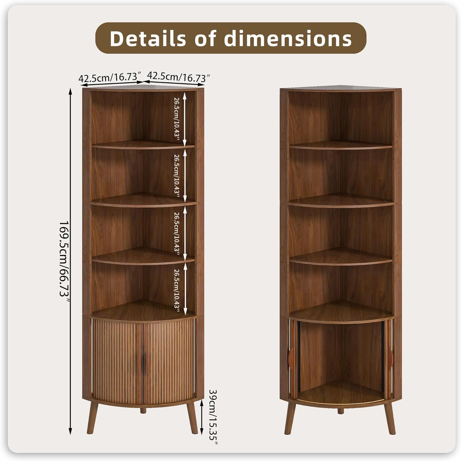 5-Tier Corner Shelf, 66.73''Tall Modern Corner Bookshelf, 5 Shelf Bookcase with 2 Fluted Doors, Freestanding Wood Corner Display Storage Shelf Organizer for Living Room, Office (Walnut)