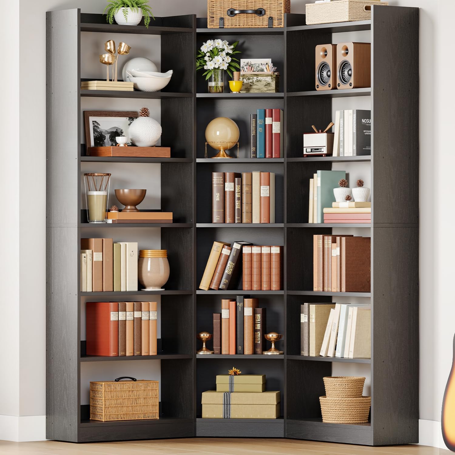 IRONCK Corner Bookshelf, 7-Tier Bookshelf with Storage, Corner Bookcases with Baffles Etagere Shelf for Living Room Home Office Bedroom, White
