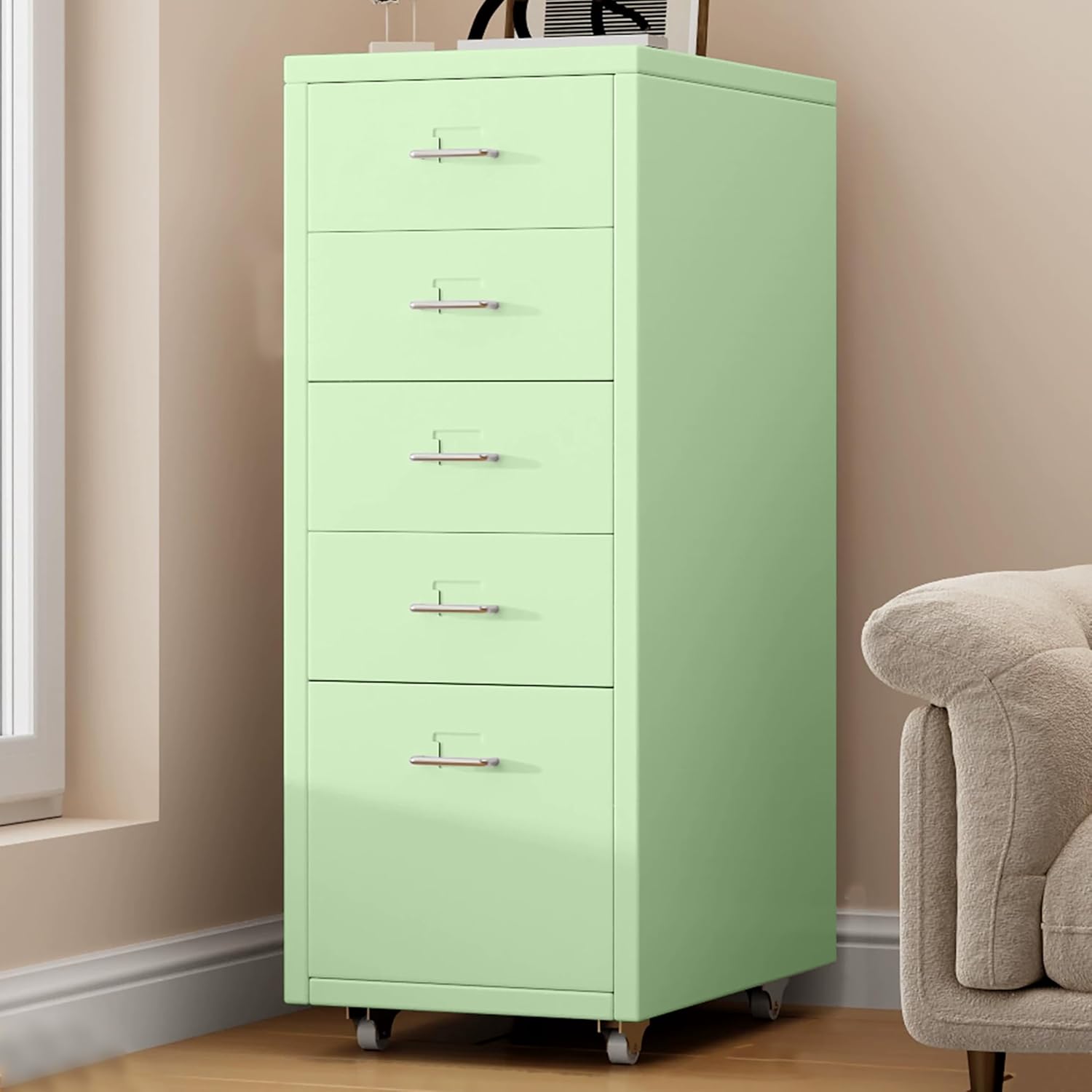 5 Drawer Metal File Cabinet, Under Desk Storage Organization with Wheels, Mobile Room Organization Furniture, Printer Stand for Home Office, Green