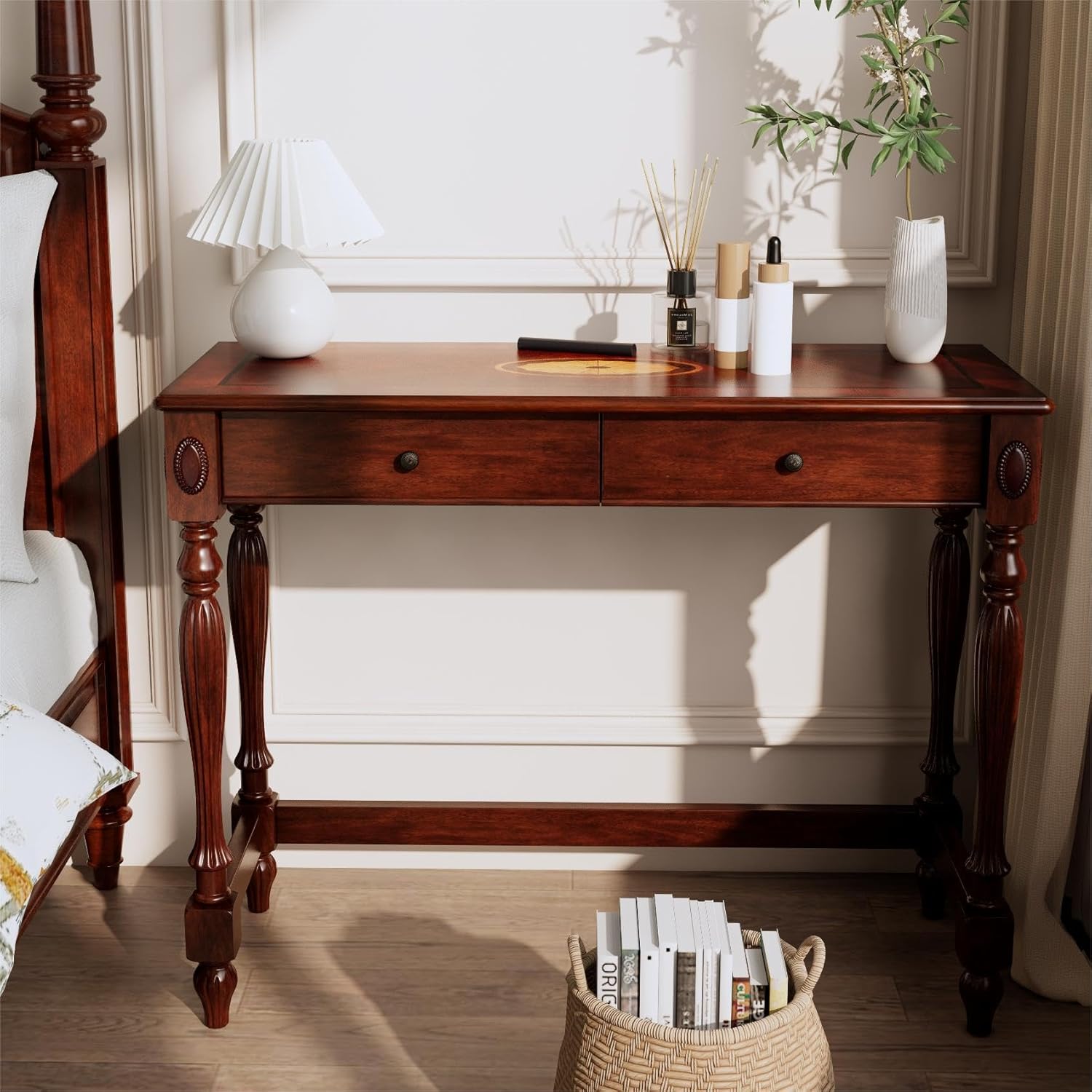 LEEMTORIG Vintage Solid Wood Writing Desk with Drawers, 46" W Antique Secretary Desk Cherry Wood Writing Table for Home Office, Victorian Style Mahogany Desks, Cherry Walnut BSZ-1533-WD