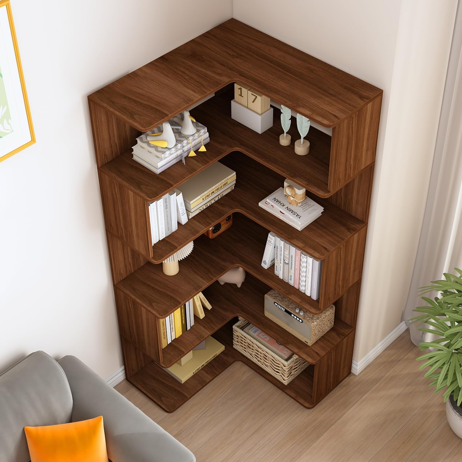 IOTXY 6-Tier L-Shaped Corner Bookshelf - 66" Tall Wooden Freestanding Bookcase with Open Shelf Units, Walnut