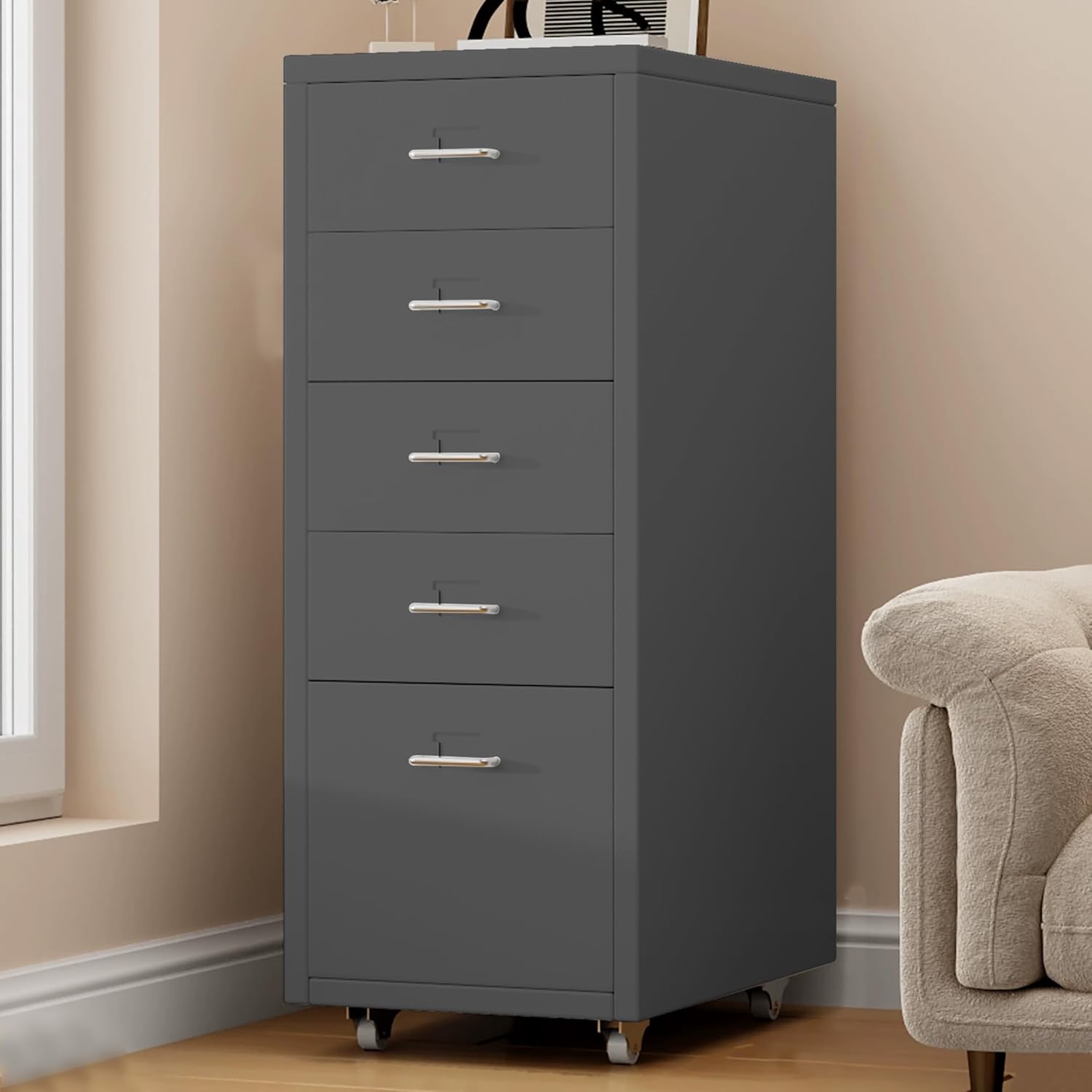 5 Drawer Metal File Cabinet, Under Desk Storage Organization with Wheels, Mobile Room Organization Furniture, Printer Stand for Home Office, Green