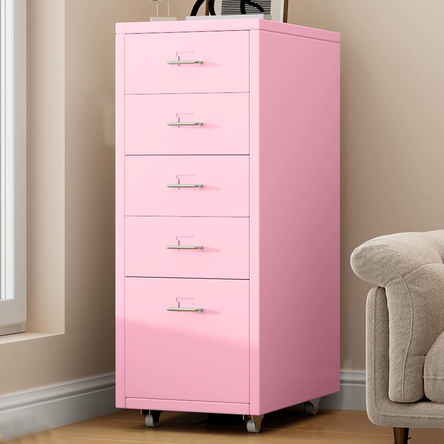 5 Drawer Metal File Cabinet, Under Desk Storage Organization with Wheels, Mobile Room Organization Furniture, Printer Stand for Home Office, Green