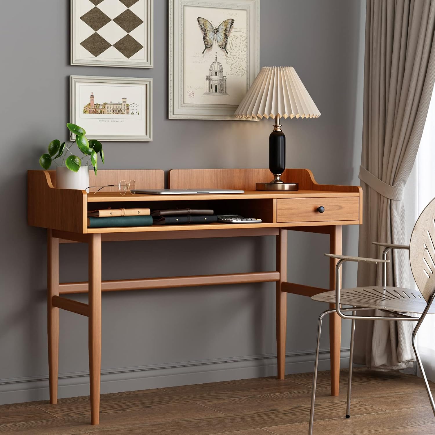 Vintage-Style Desk with Scandinavian Flair, Computer or Laptop Desk, Writing Desk with Drawer and Open Storage Cubby, Small Space Dressing Table