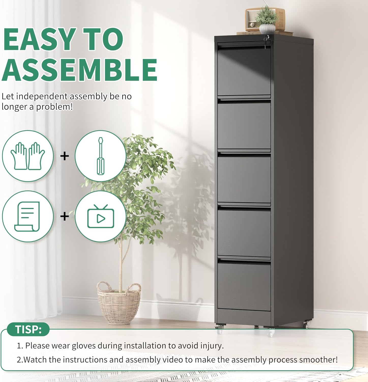 5 Drawer Mobile File Cabinet, Under Desk File Cabinet,Metal Filing Cabinets with Lock for Home Office Organizer Letter/Legal/A4,Require Assembly (Black)