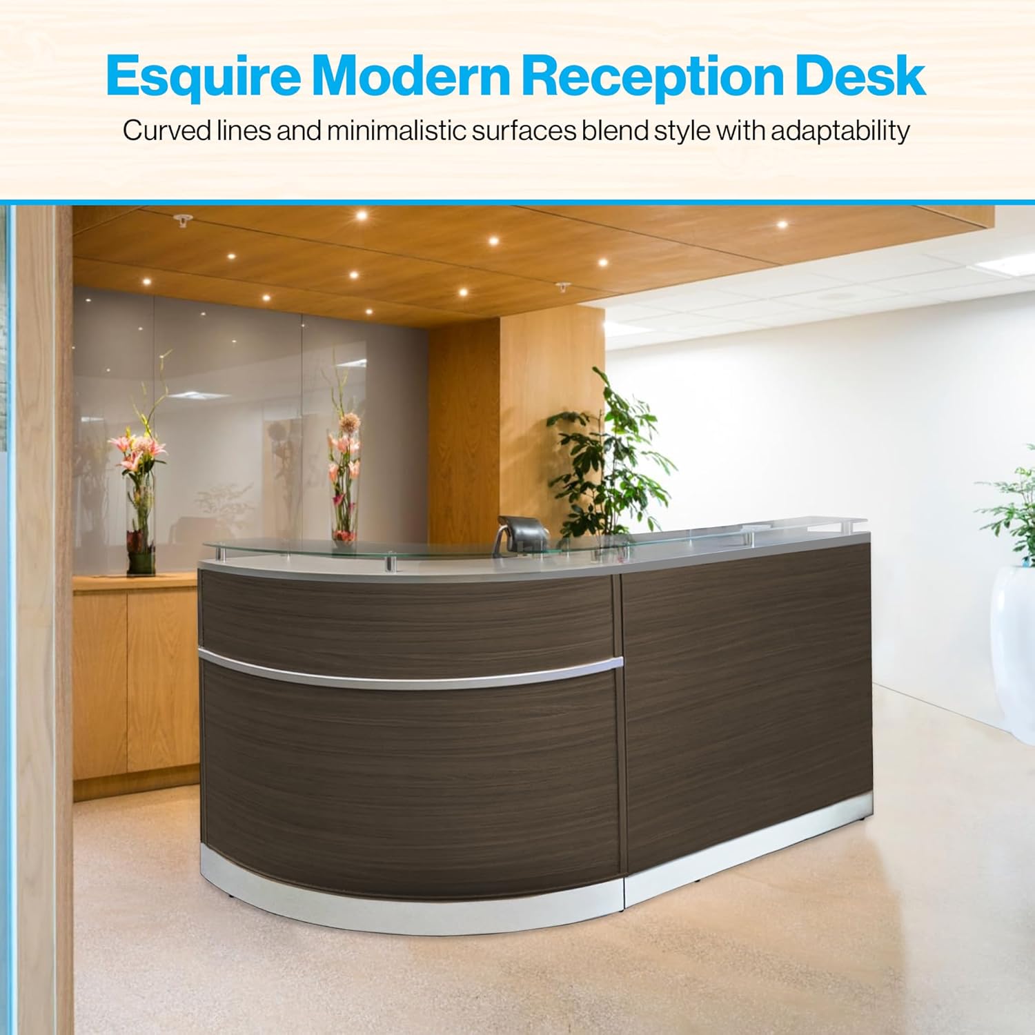 NBF L Shaped Modern Reception Desk with Counter - 79" W x 63" D Retail Checkout Counter - Curved Front Desk Reception Counter - Countertop Welcome Desk for Office Lobby Salon Store (Driftwood)
