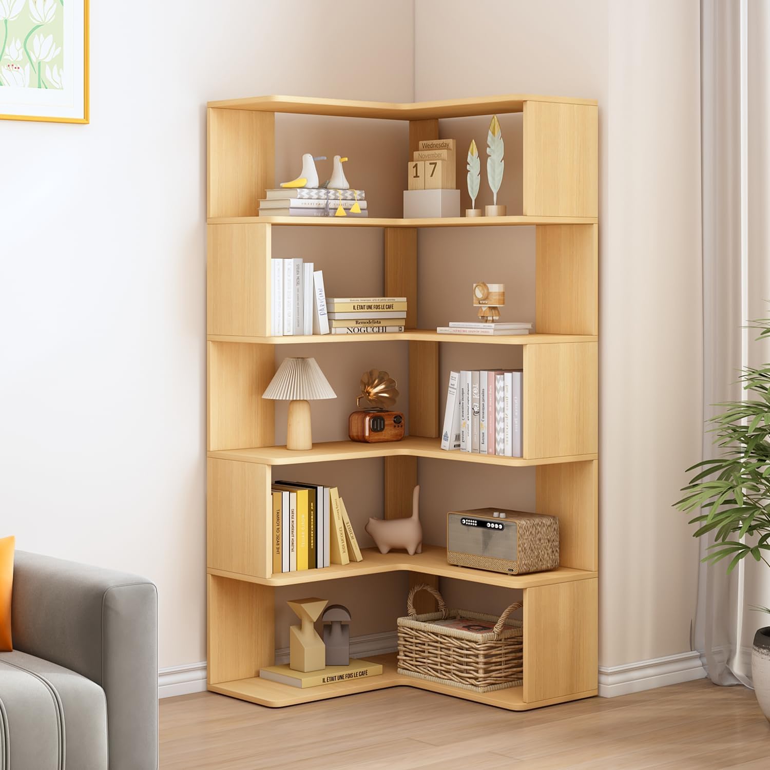 IOTXY 6-Tier L-Shaped Corner Bookshelf - 66" Tall Wooden Freestanding Bookcase with Open Shelf Units, Walnut