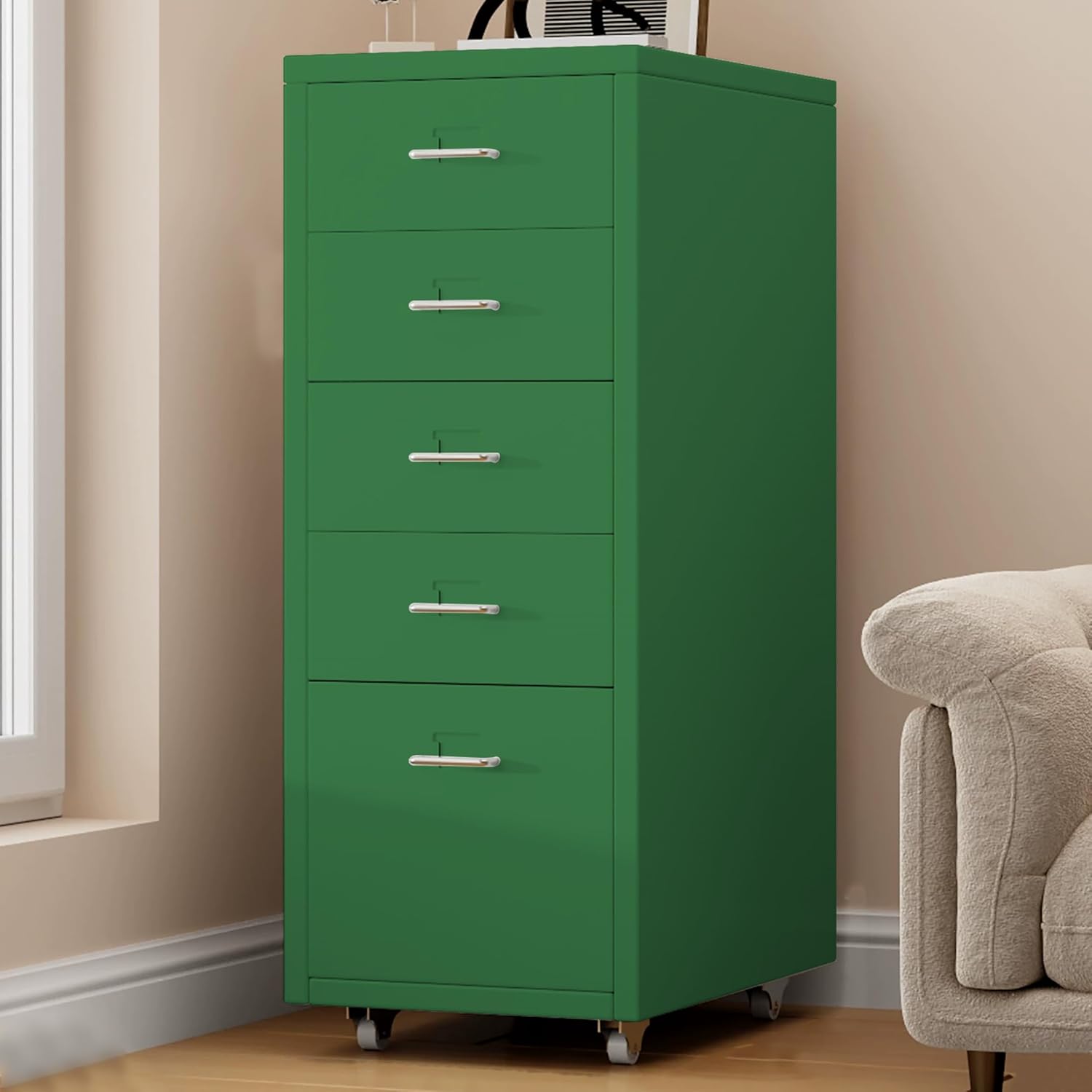 5 Drawer Metal File Cabinet, Under Desk Storage Organization with Wheels, Mobile Room Organization Furniture, Printer Stand for Home Office, Green