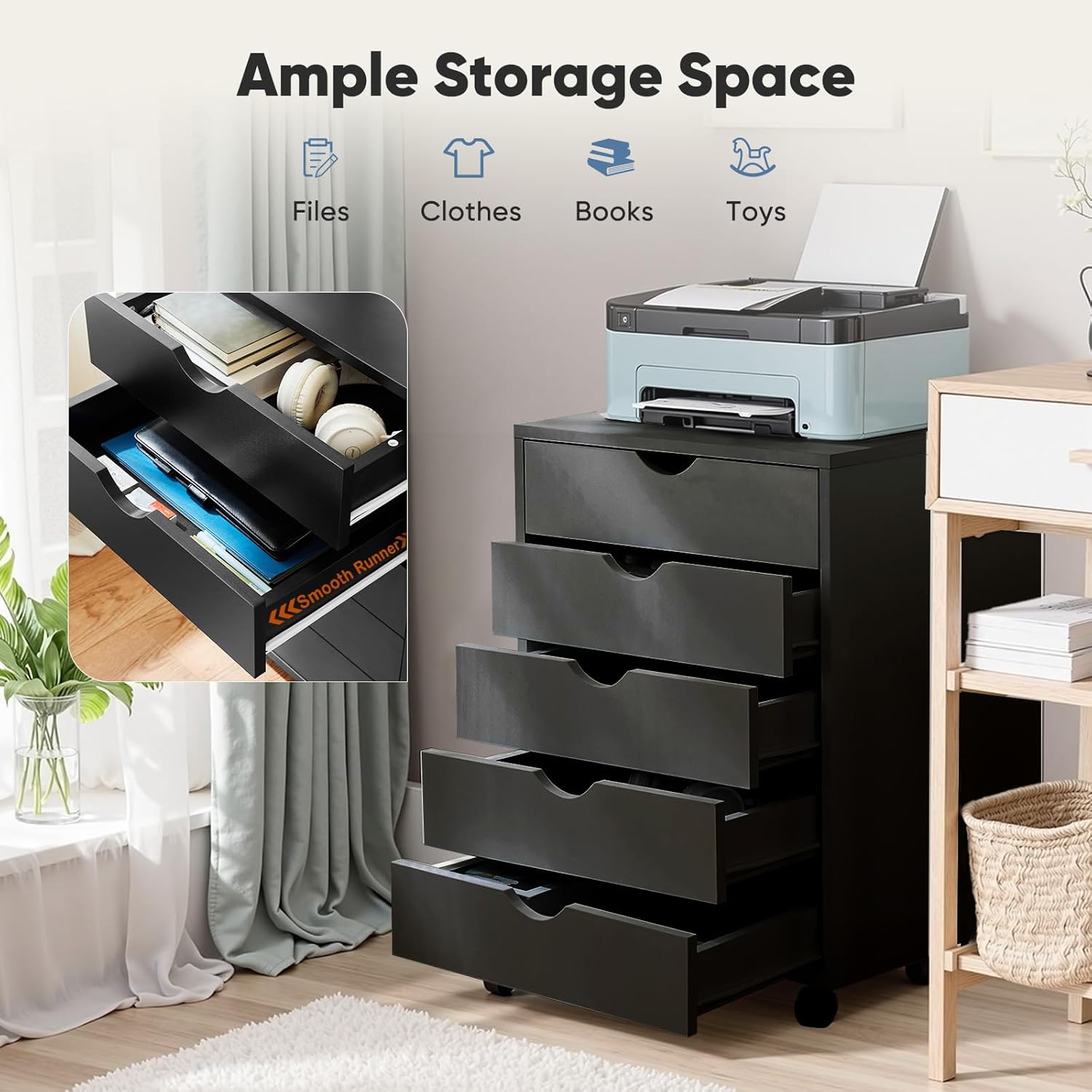 OLIXIS 5 Drawer Mobile File Cabinet Under Desk Storage Organization with Wheels Vertical Filing Chest Rolling Wood Small Desk Printer Stand for Home Office, 15.75"D x 18.74"W x 25.39"H, Black