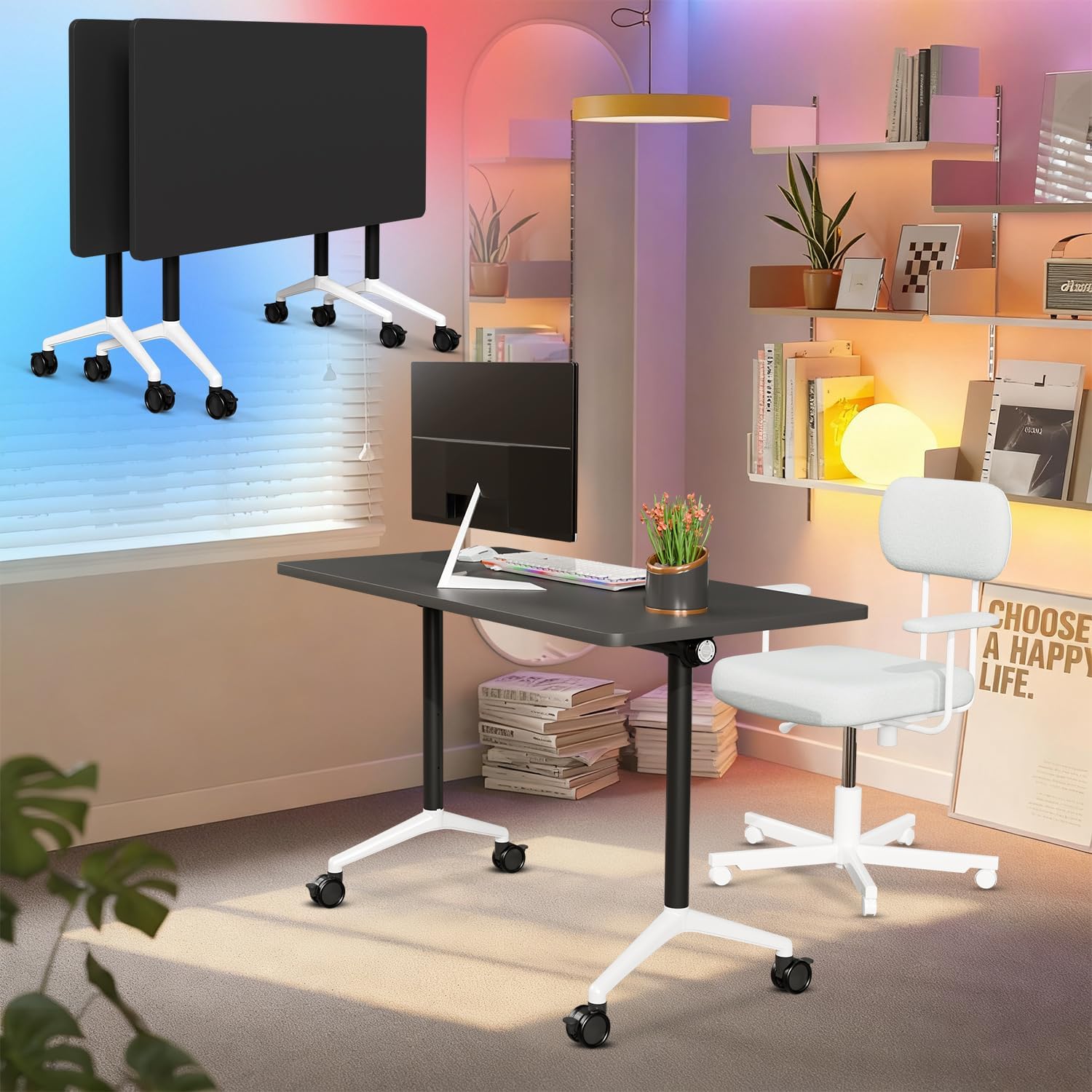 Black Folding Conference Tables with Silent Wheels, 4 Pack Commercial Office Meeting & Training Seminar Tables, Mobile Modular Conference Room Table with Strong Metal Frame for Company, School