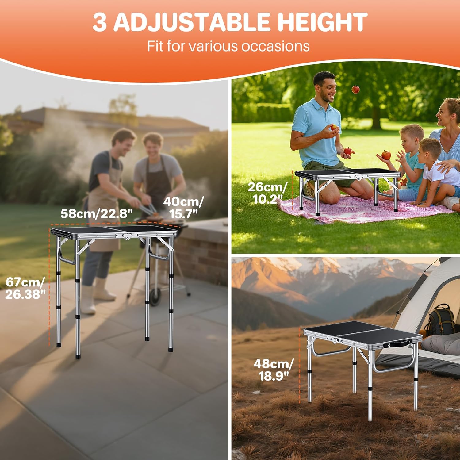 FUNYKICH 2ft Small Folding Camping Table(L22.8'' xW15.7''), 3 Height Adjustable Portable Picnic Table, Lightweight Aluminum Outdoor Tables with Carry Handle for Camping, Picnic, Silver