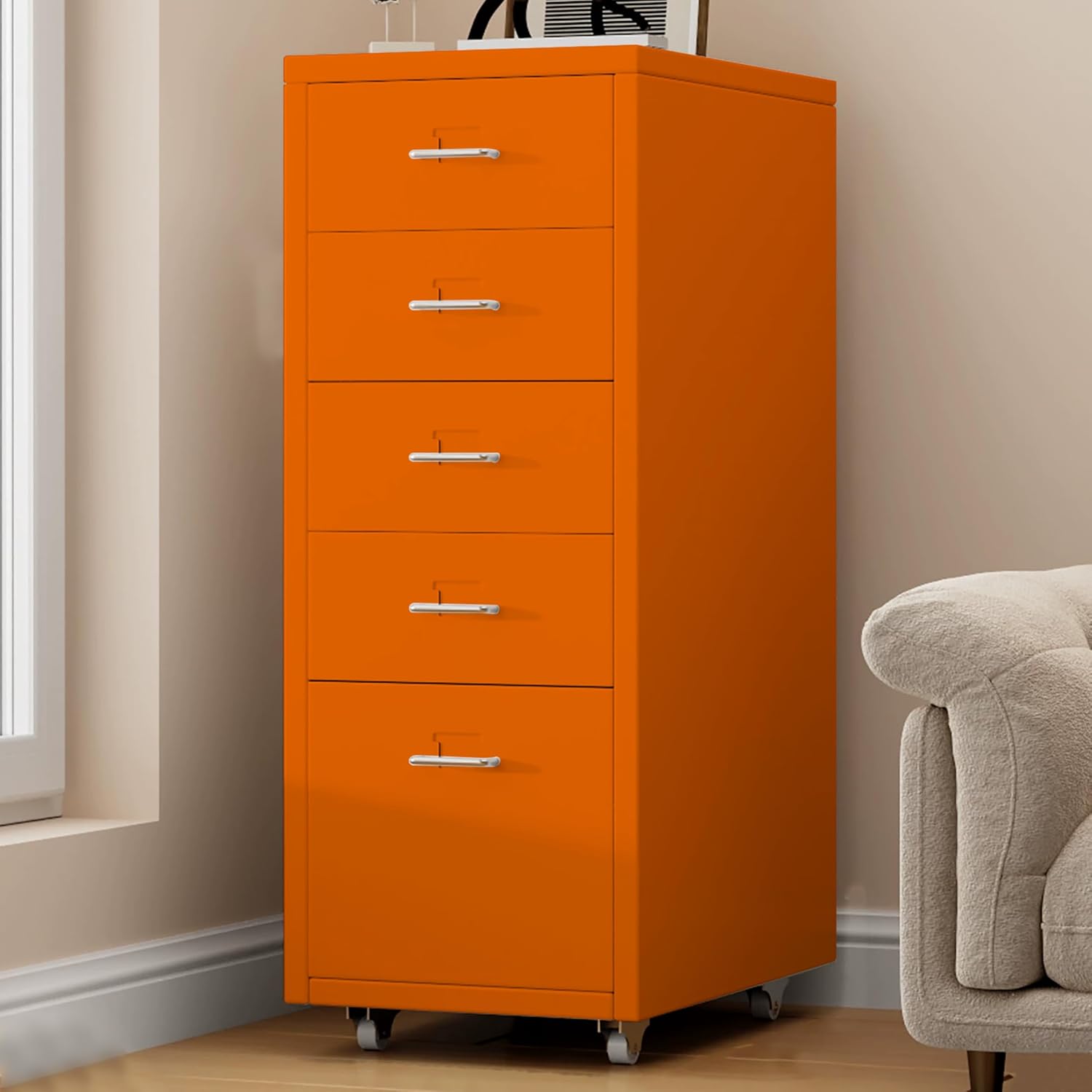 5 Drawer Metal File Cabinet, Under Desk Storage Organization with Wheels, Mobile Room Organization Furniture, Printer Stand for Home Office, Green